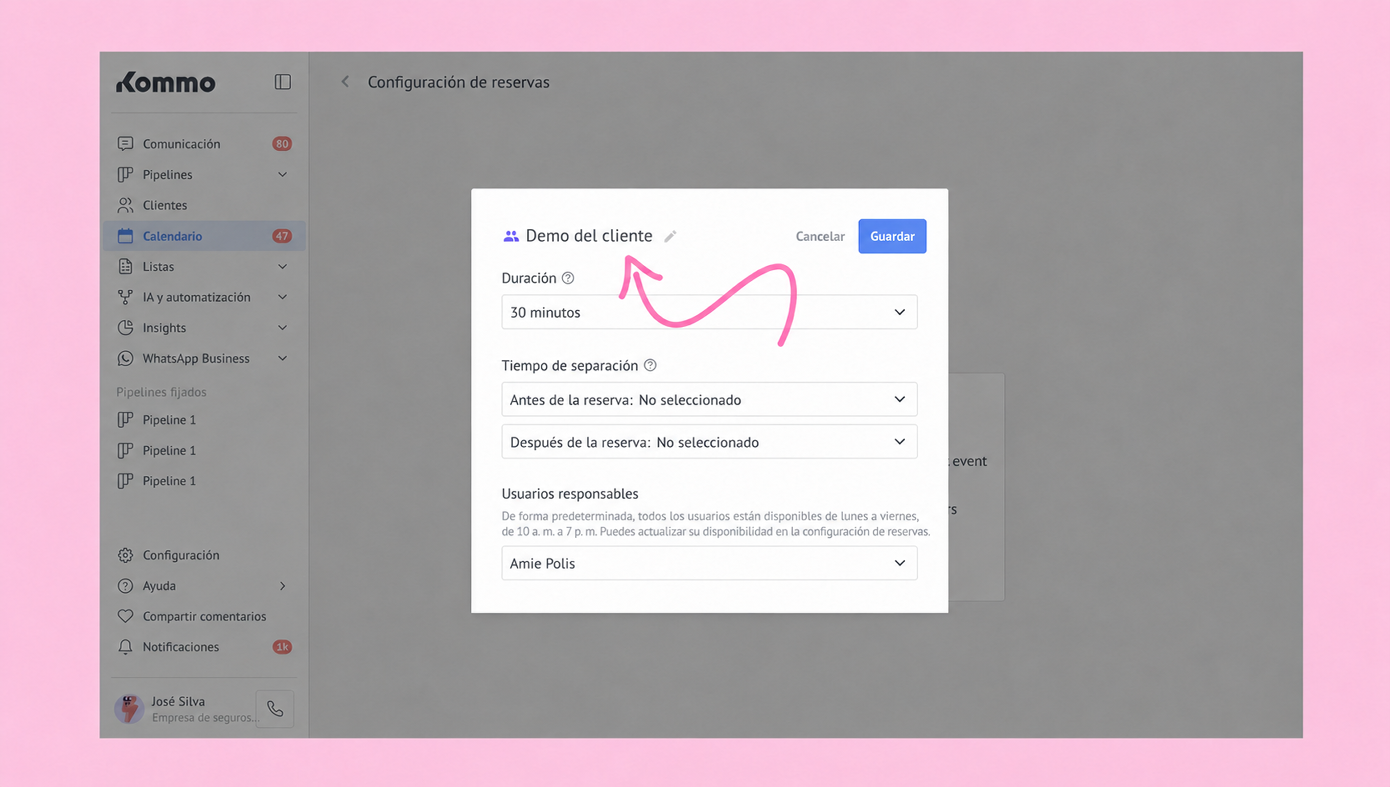 Configuration settings for client demo, including duration and responsible users.