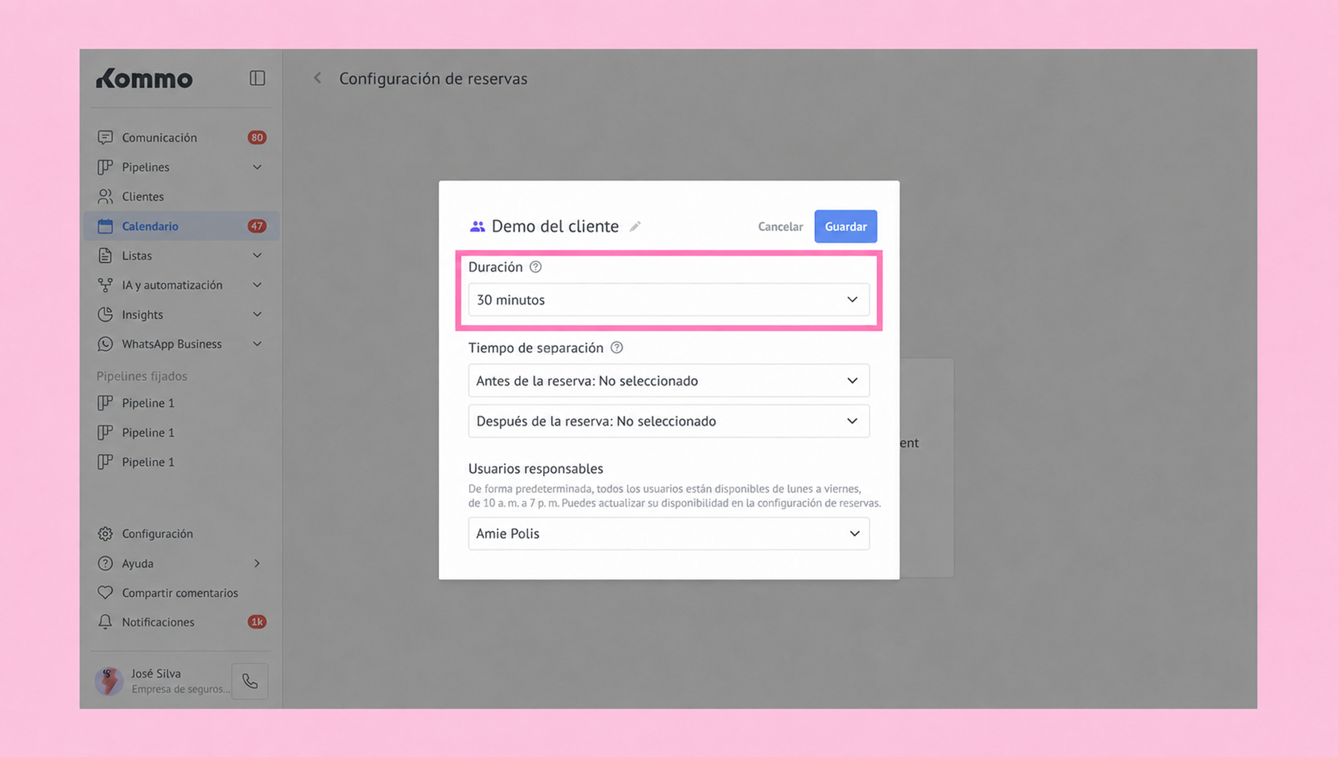 Client reservation settings showing duration and separation time options in a scheduling interface.