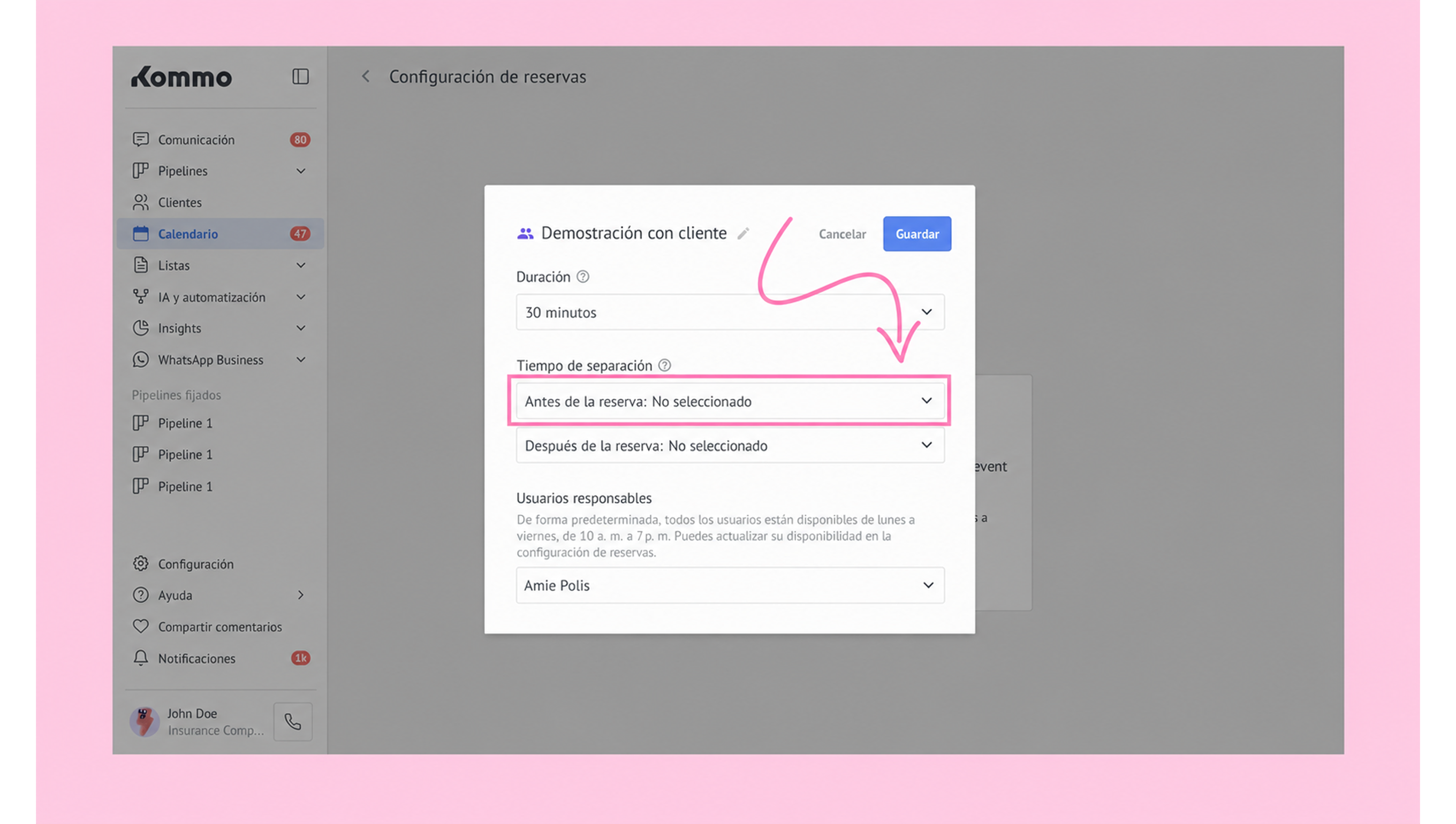 Settings for client demonstration, including reservation timing options and responsible users.