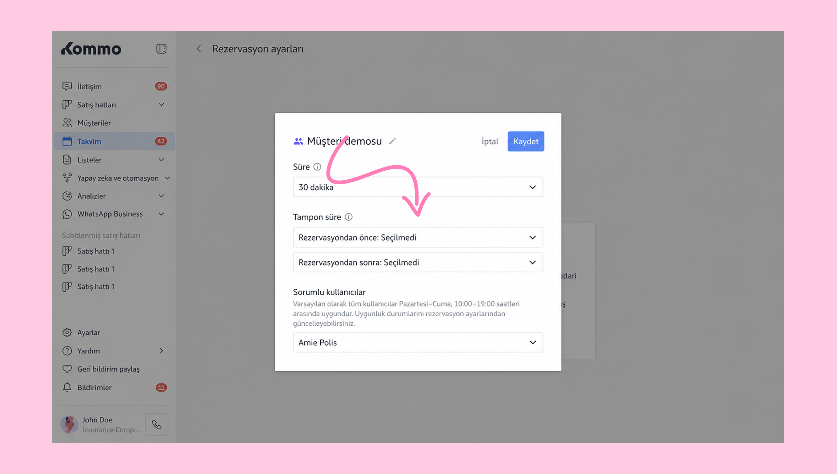 Reservation settings interface showing time duration and buffer options for appointments.