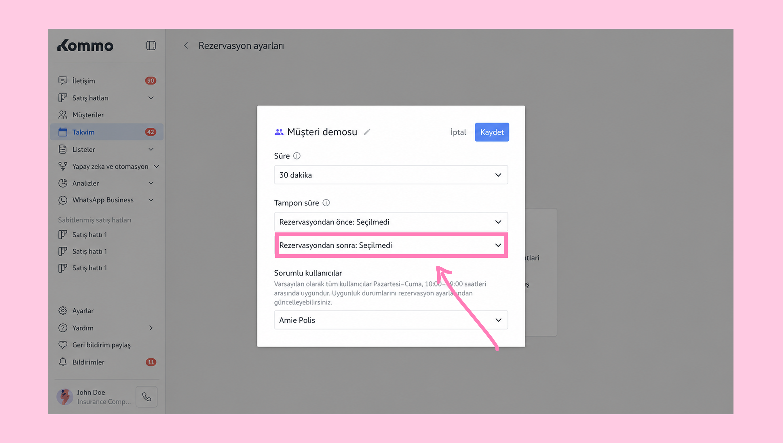 Settings menu showing reservation options and selected time duration for appointments.