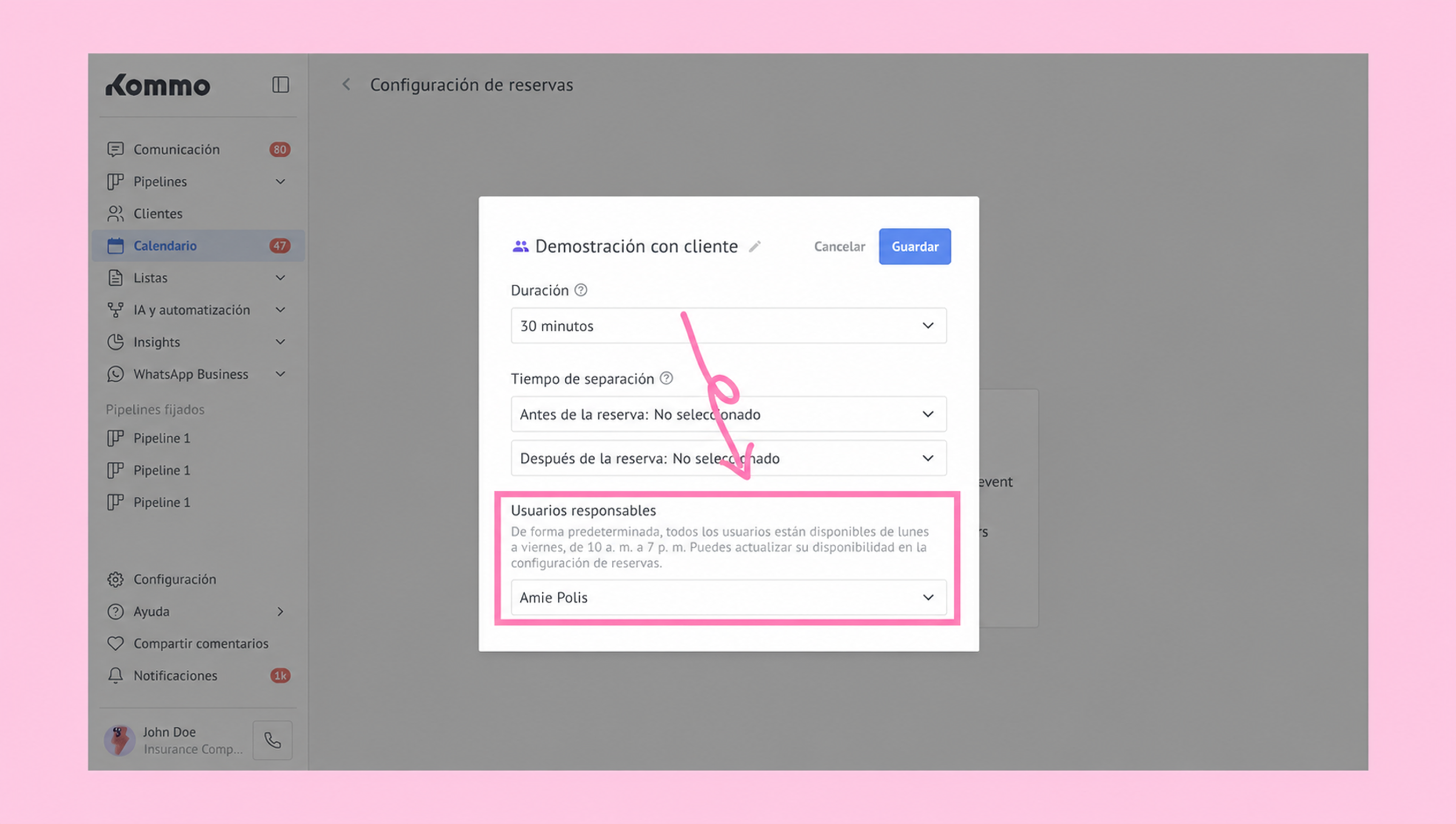Configuration settings for client reservations, highlighting responsible users and duration options.