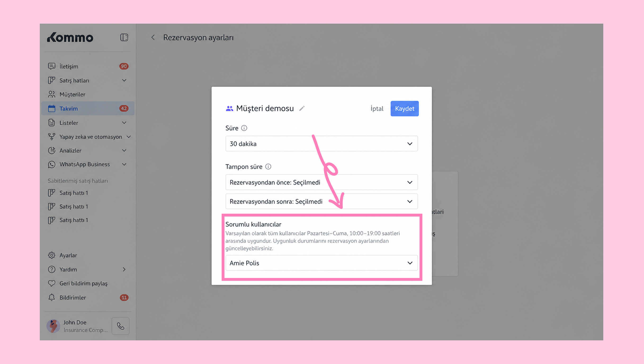 Reservation settings showing responsible users and time availability for appointments.
