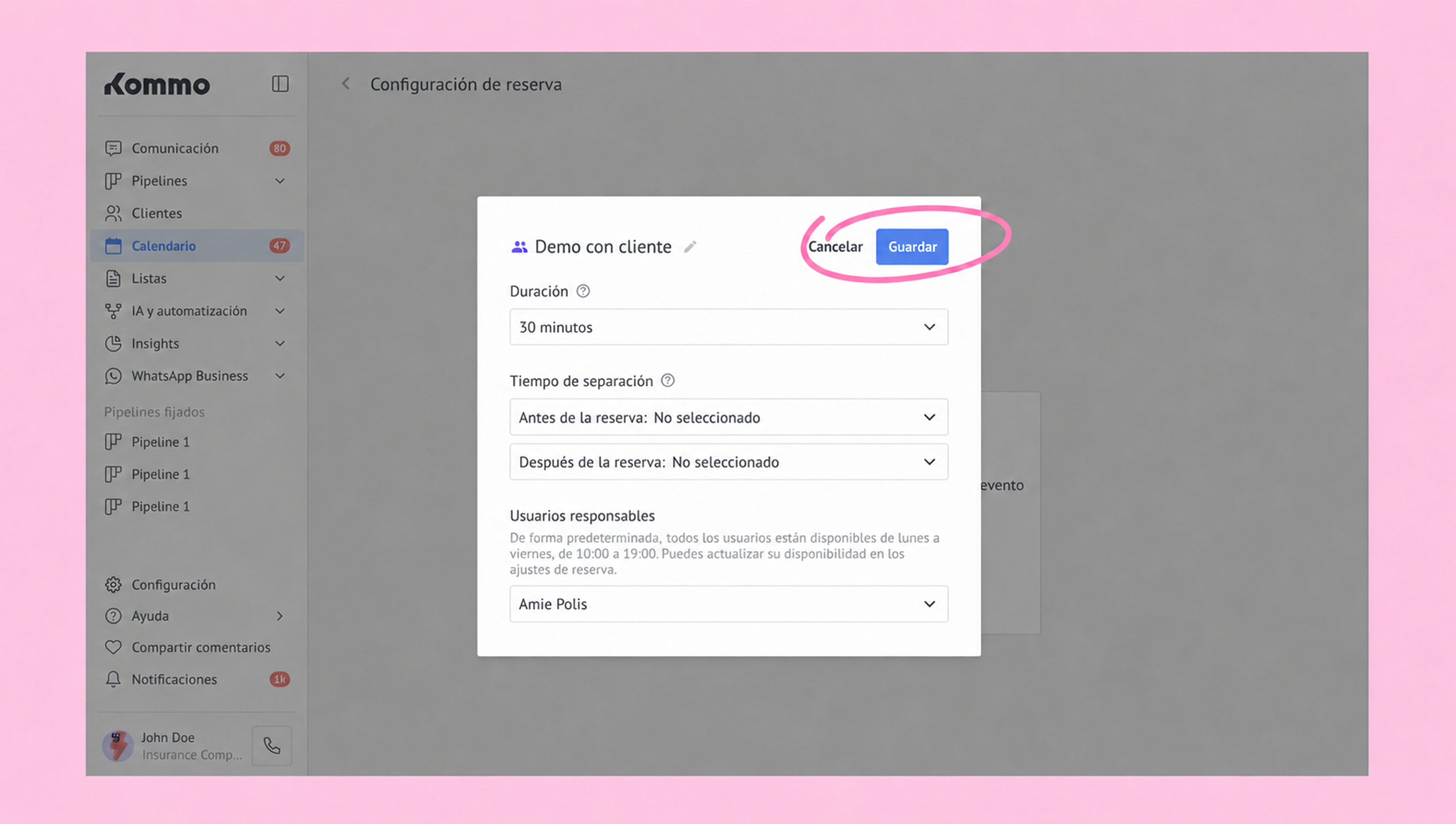 Reservation settings interface showing duration, responsible users, and save button options.