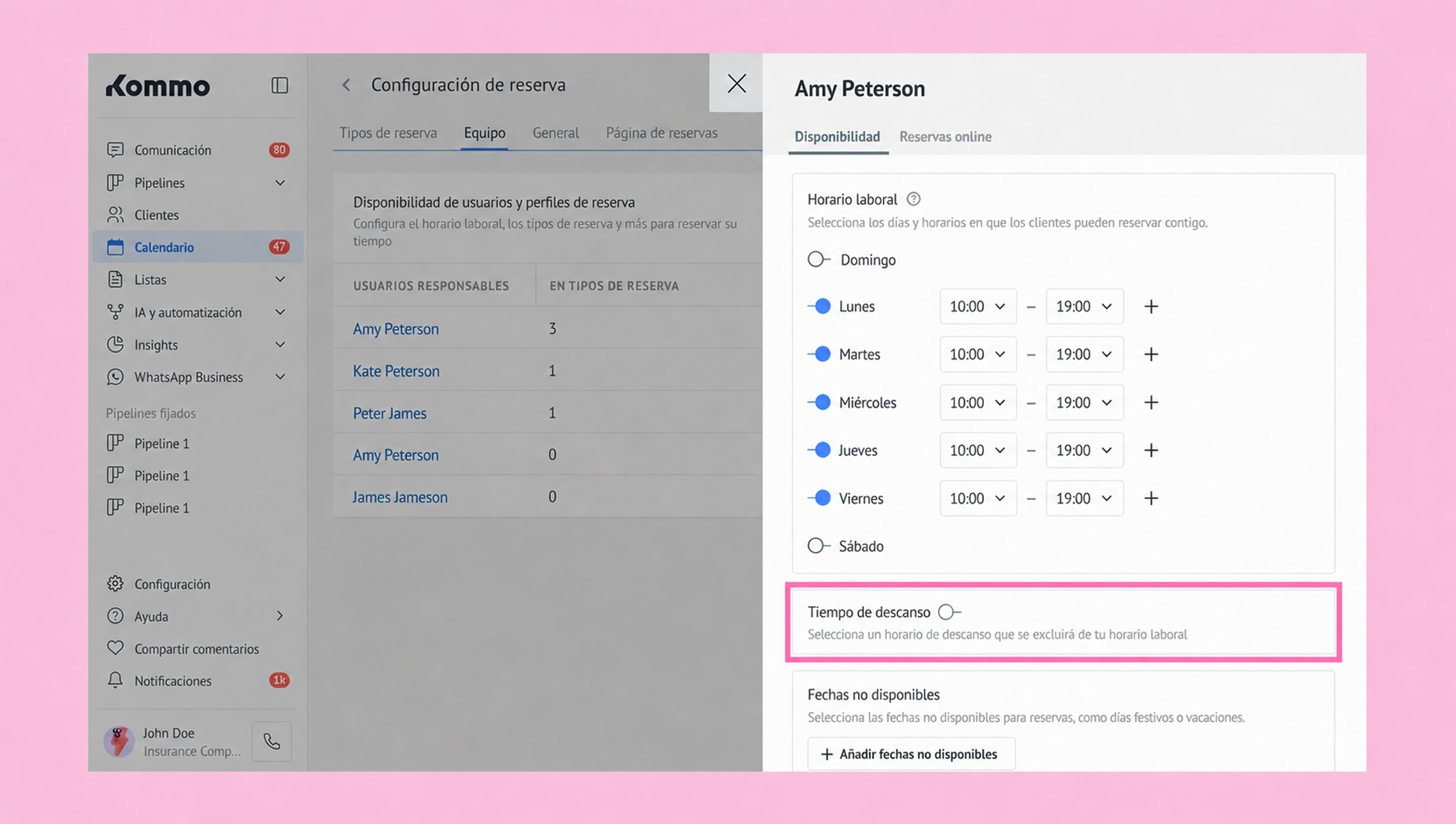 Configuration settings for user availability and break times in a scheduling application.