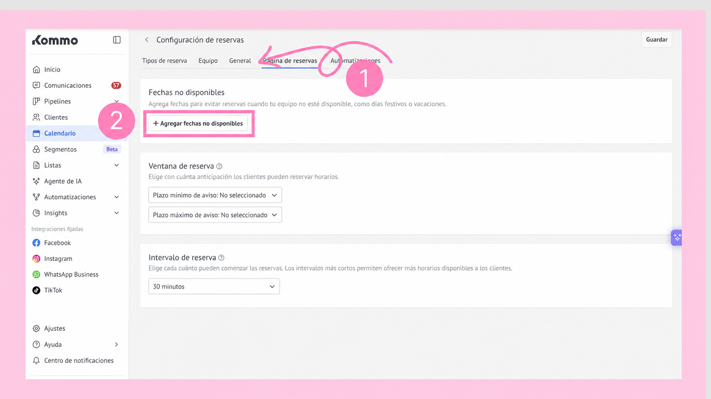 Settings page for reservations with highlighted options for unavailable dates and booking window.