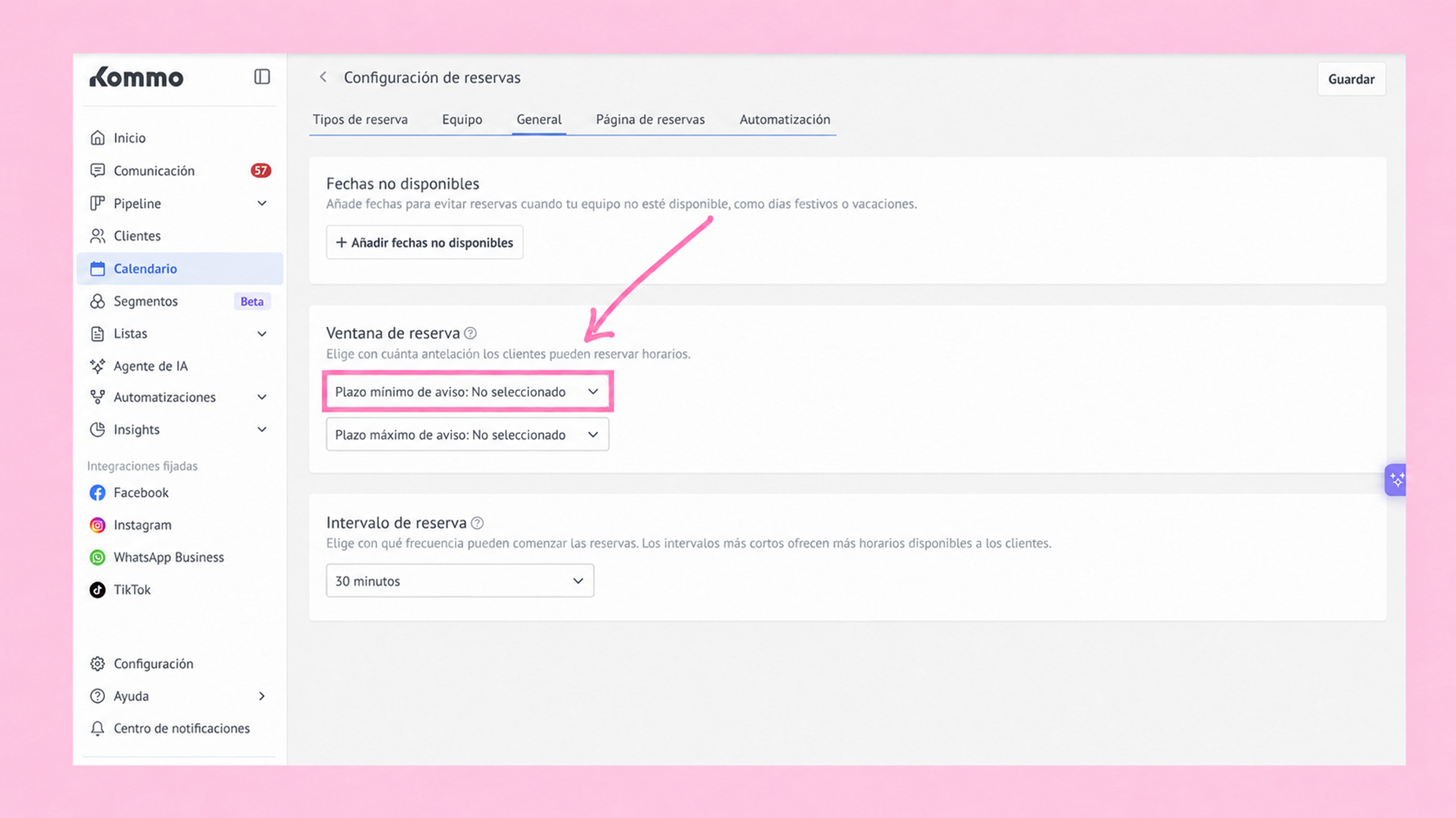 Settings page for reservation configuration with highlighted minimum notice period option.