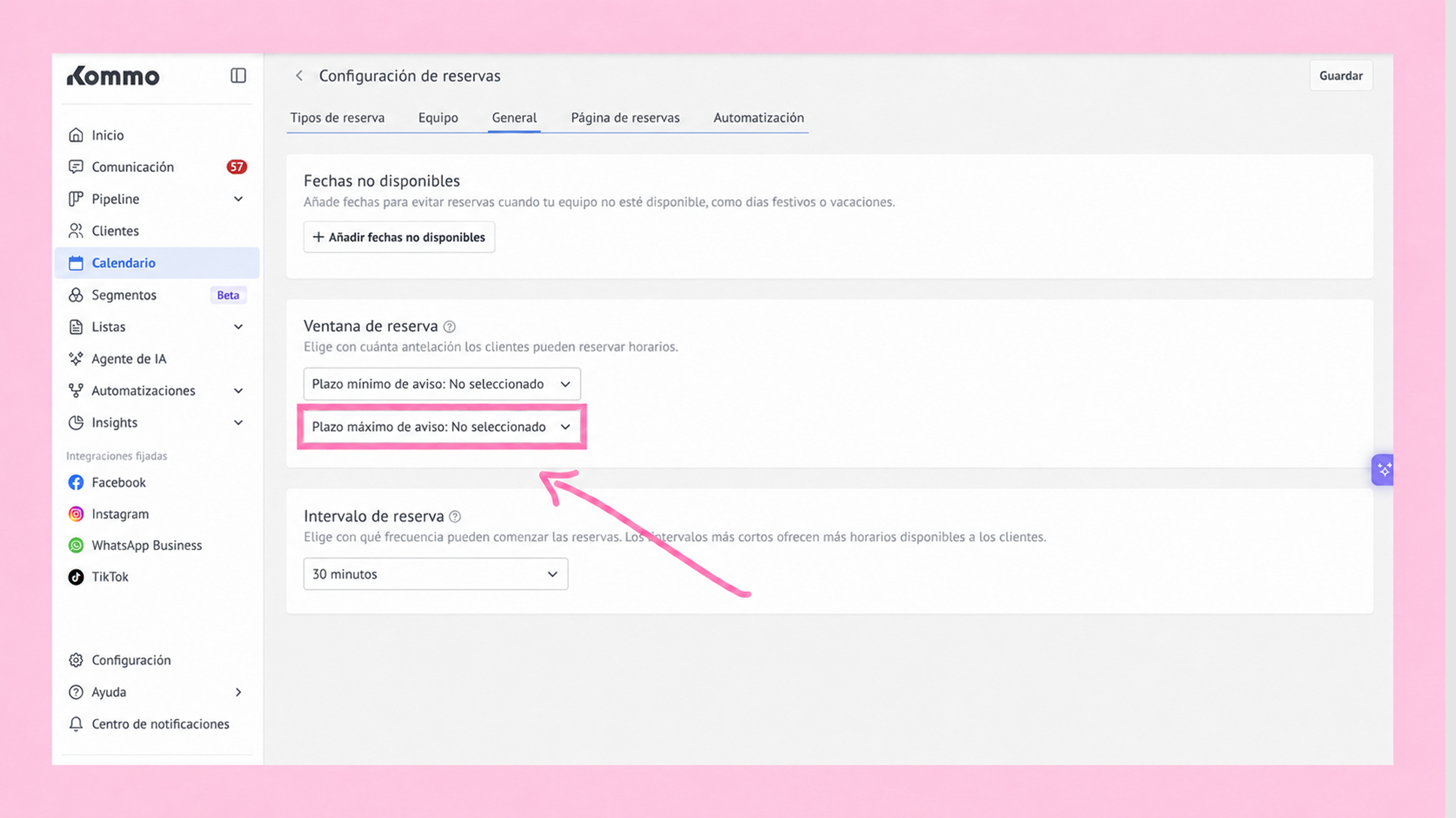 Settings page showing reservation time options with highlighted maximum notice period.