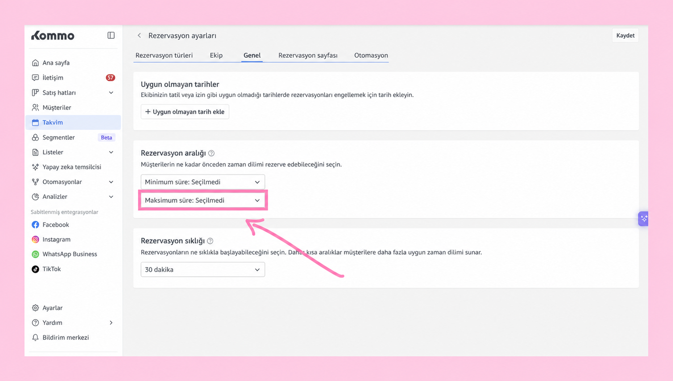 Settings page showing reservation options with highlighted maximum duration selection.