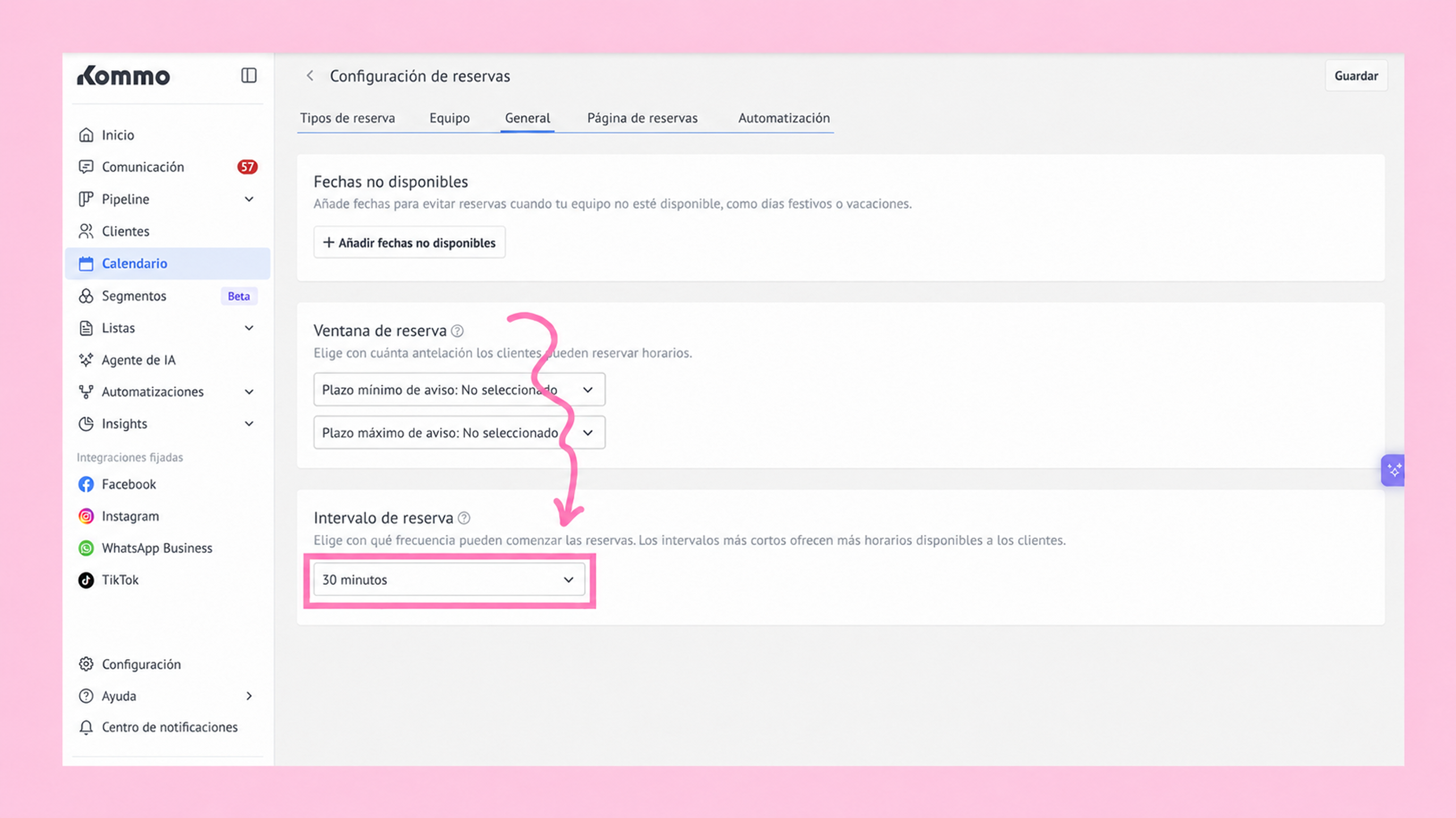 Settings for reservation intervals and client notification preferences in a scheduling application.