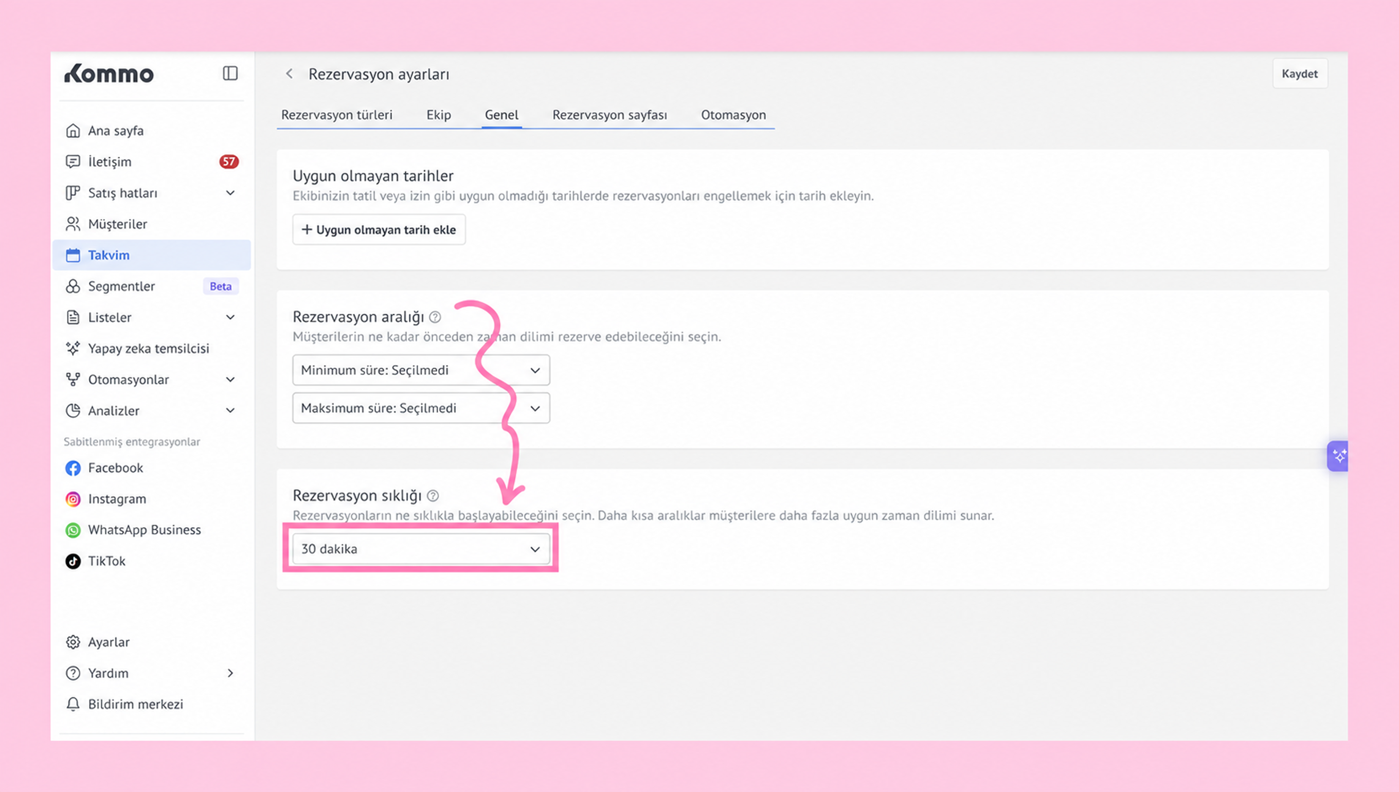 Settings page for reservations with highlighted options for minimum and maximum time.