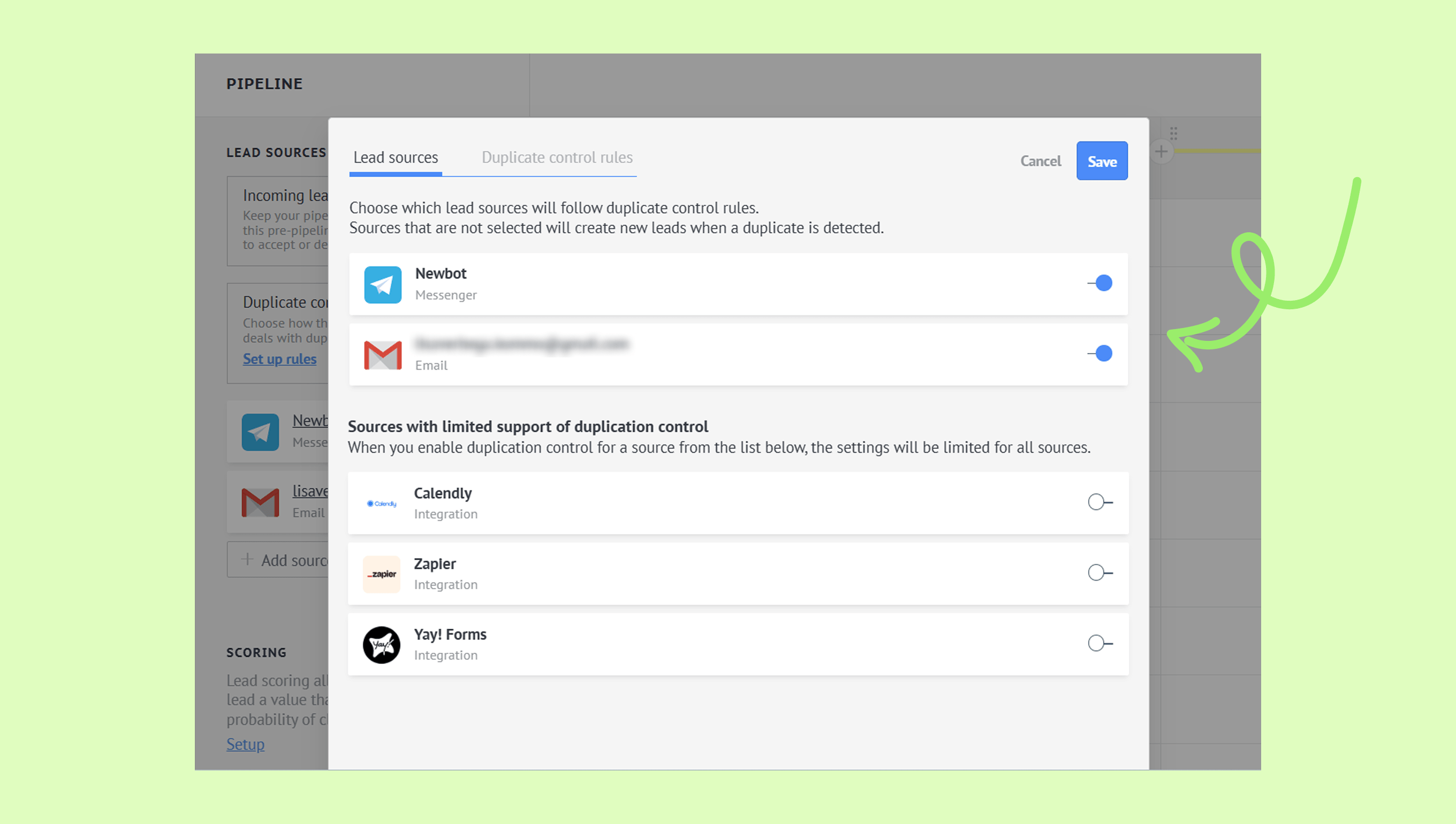 Settings for lead sources and duplication control in a pipeline interface.