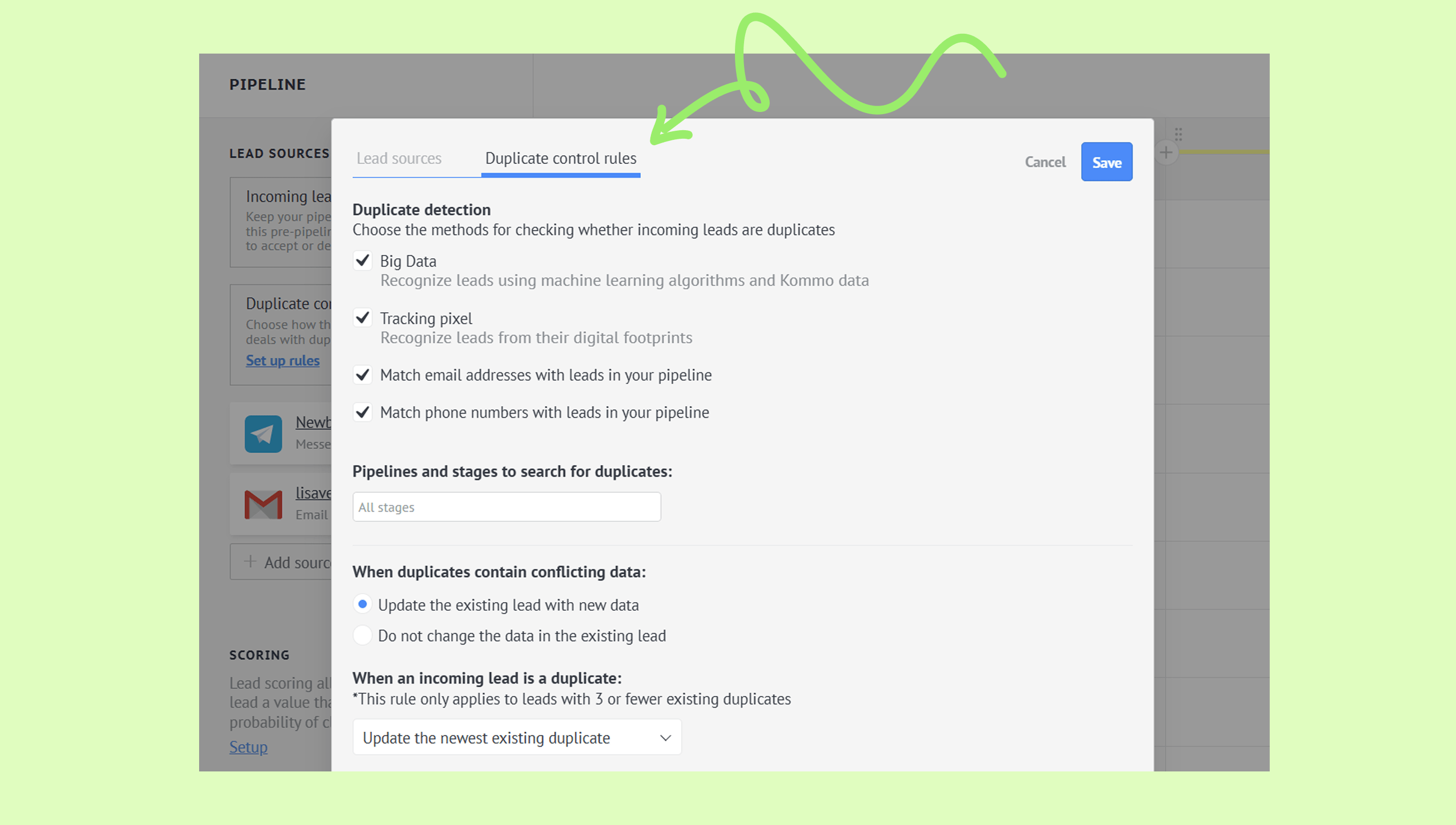Settings for duplicate control rules in lead management software interface.