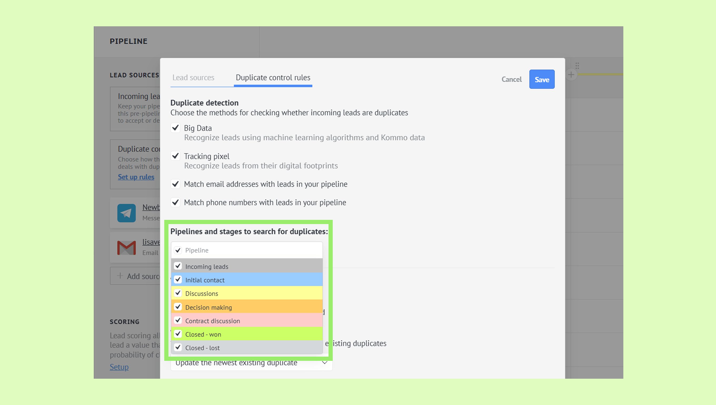 Settings for duplicate lead detection in a sales pipeline management interface.