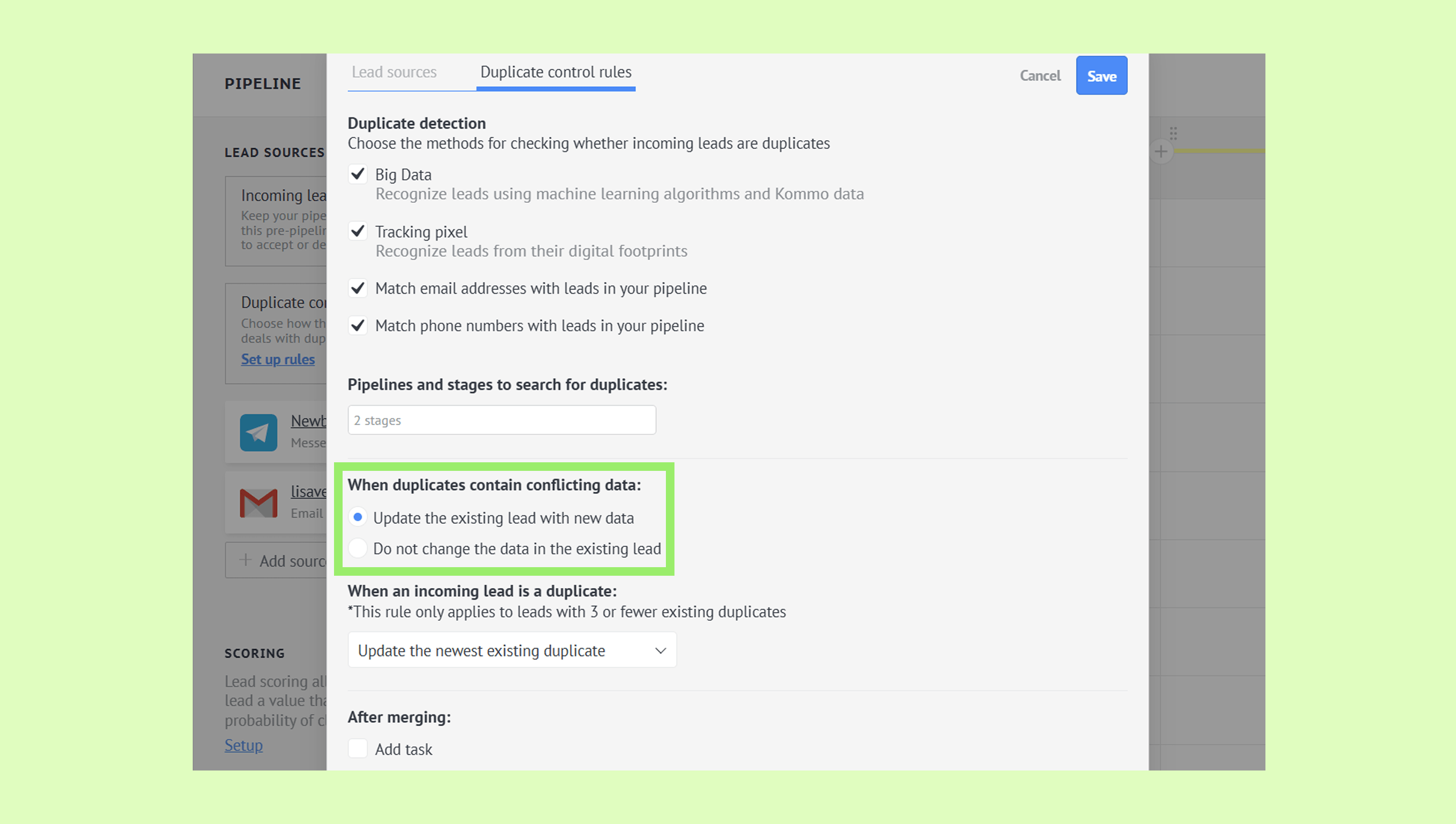 Settings for handling duplicate leads in a pipeline management system.