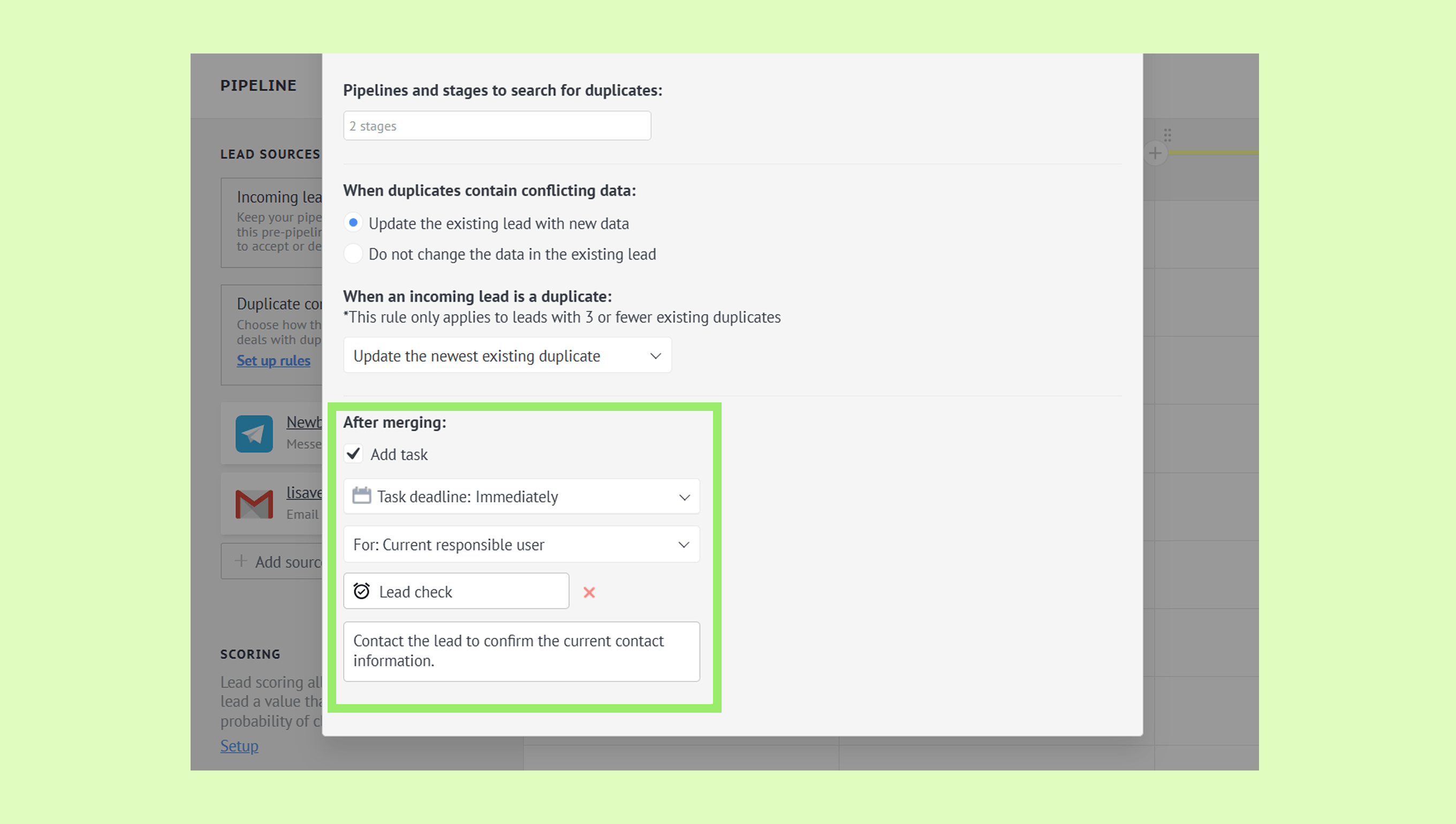 Settings for handling duplicate leads, including task assignment and lead confirmation.