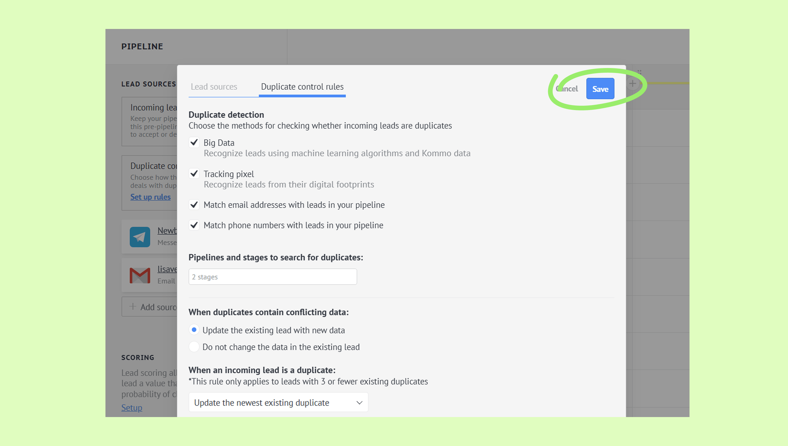 Settings for duplicate lead detection and management in a pipeline interface.