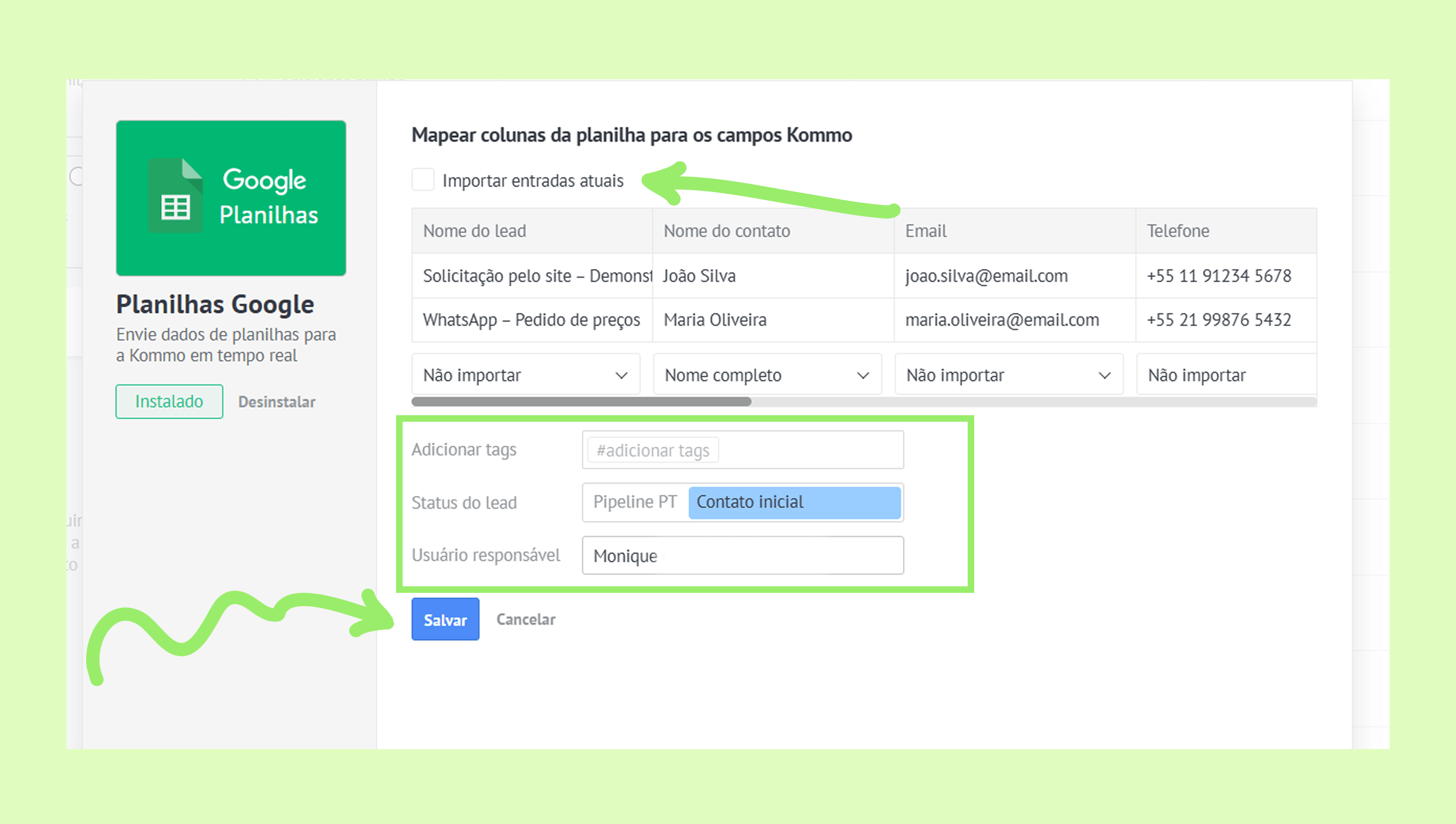 Mapping Google Sheets columns for Kommo fields with highlighted tags and user details.