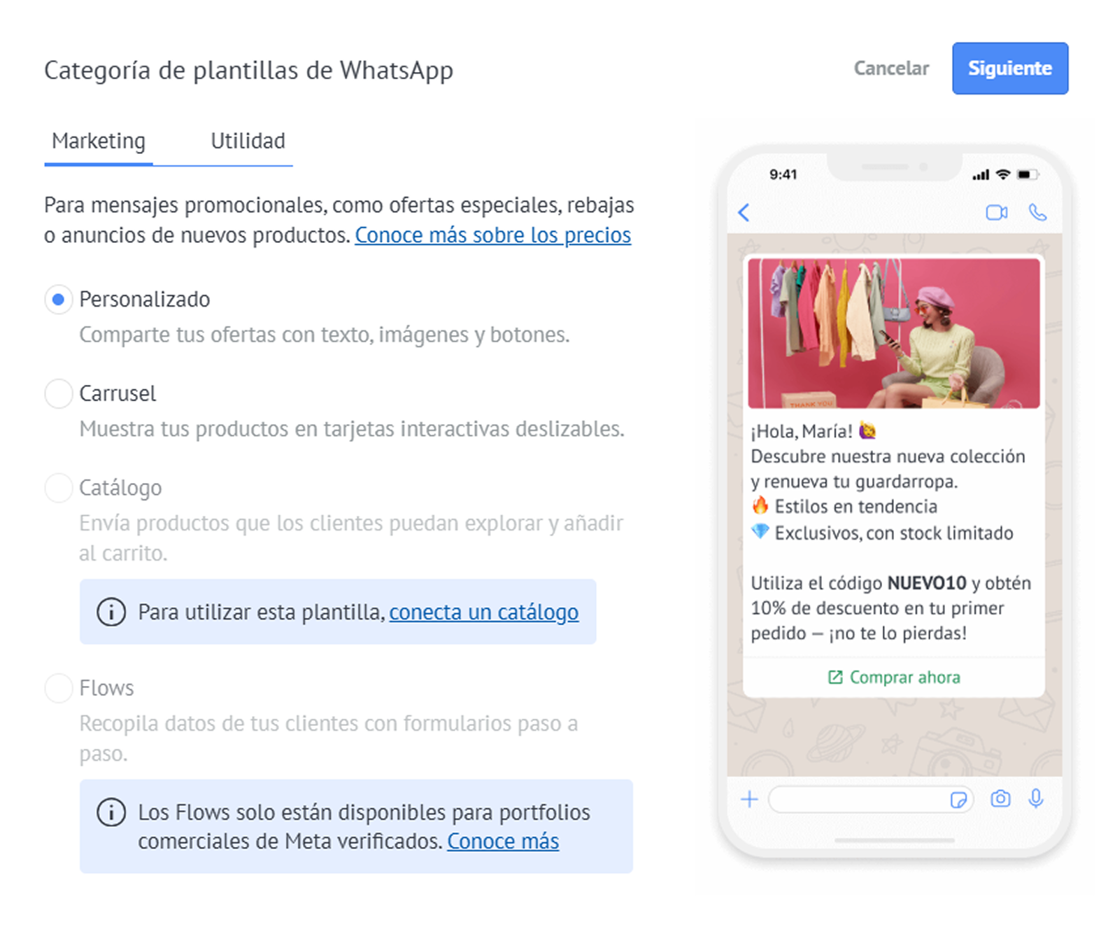 WhatsApp template categories for marketing, including personalized options and promotional messages.