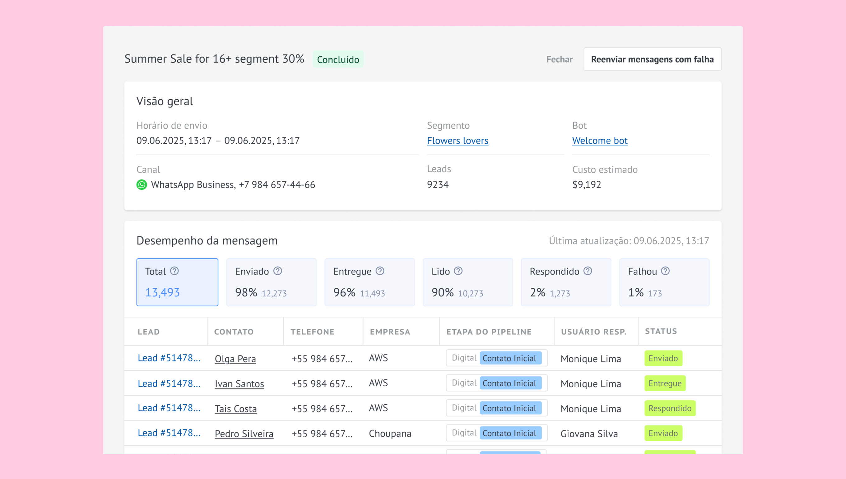 Overview of a WhatsApp Business summer sale campaign performance metrics and lead details.