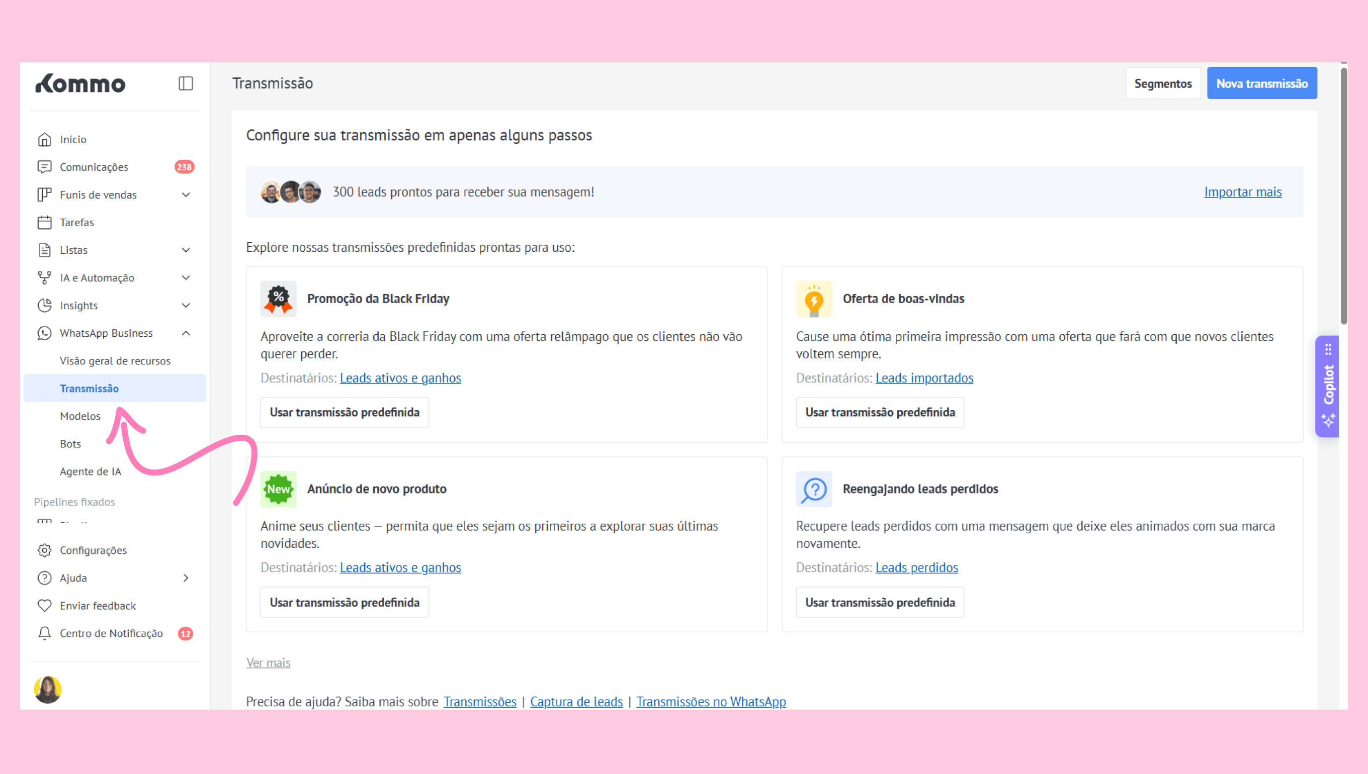 Dashboard showing transmission settings and promotional options for user engagement.