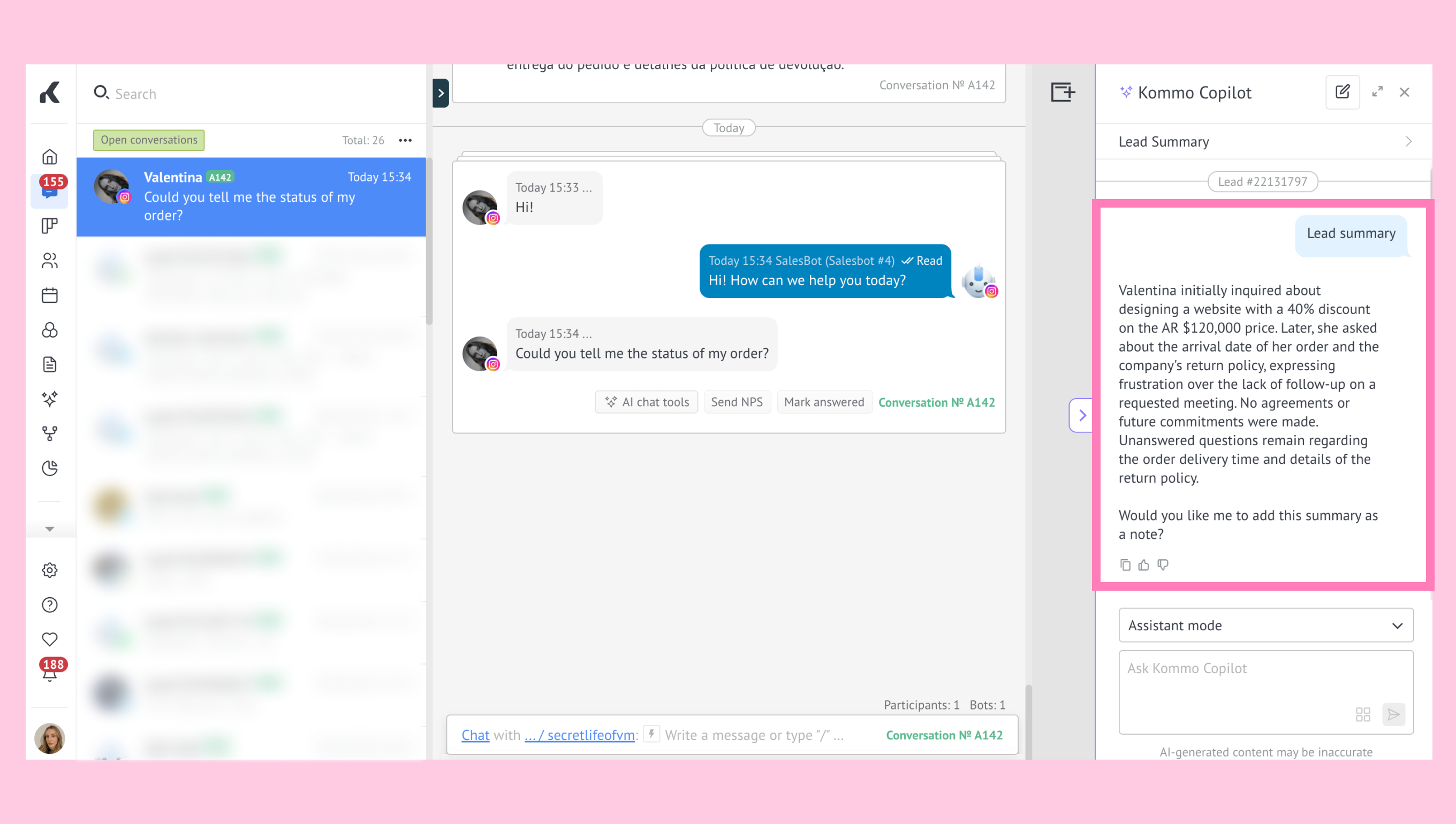Customer inquiry about order status and lead summary in a chat interface.