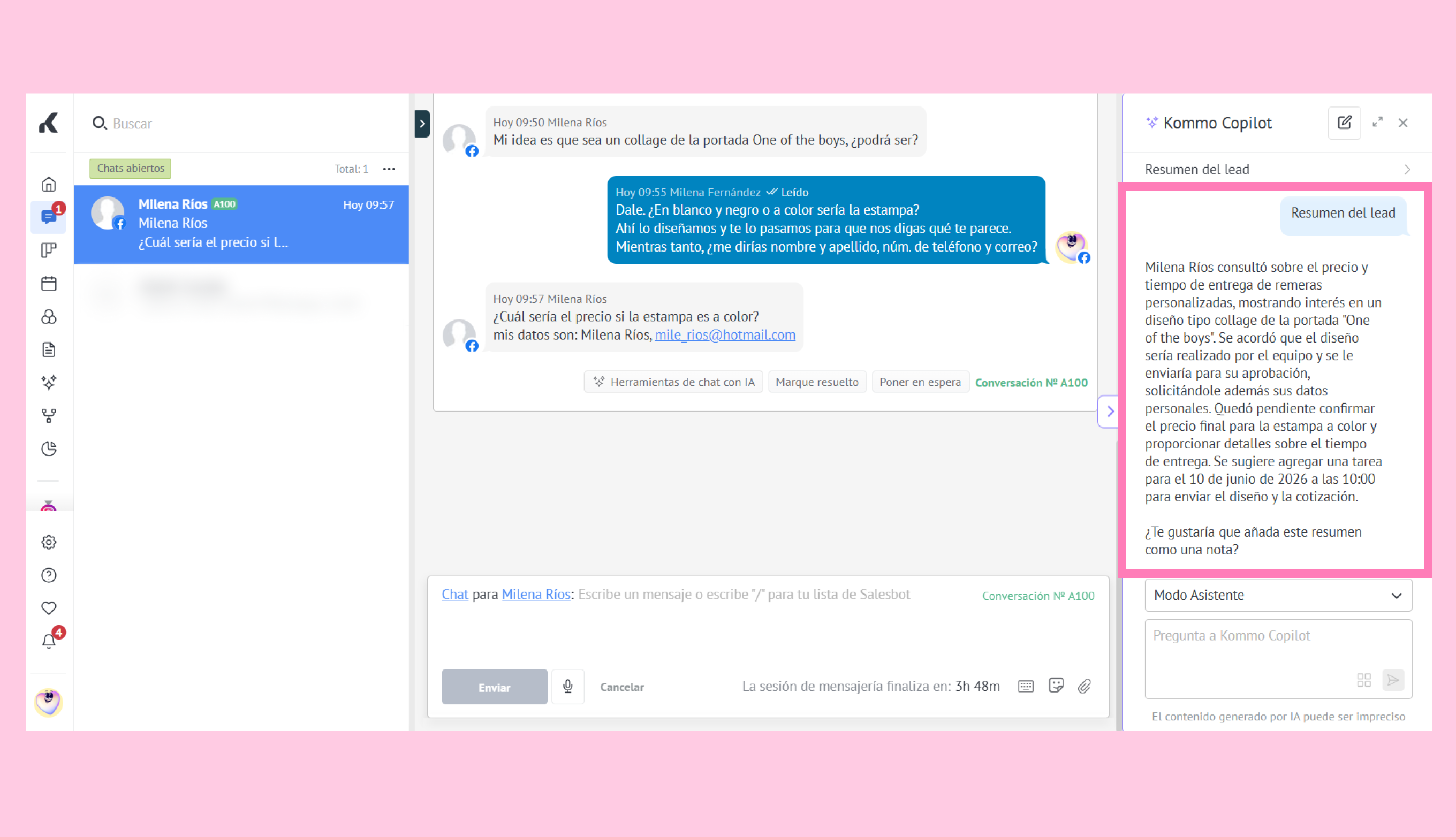 Chat interface discussing custom t-shirt design and pricing details with Milena Ríos.