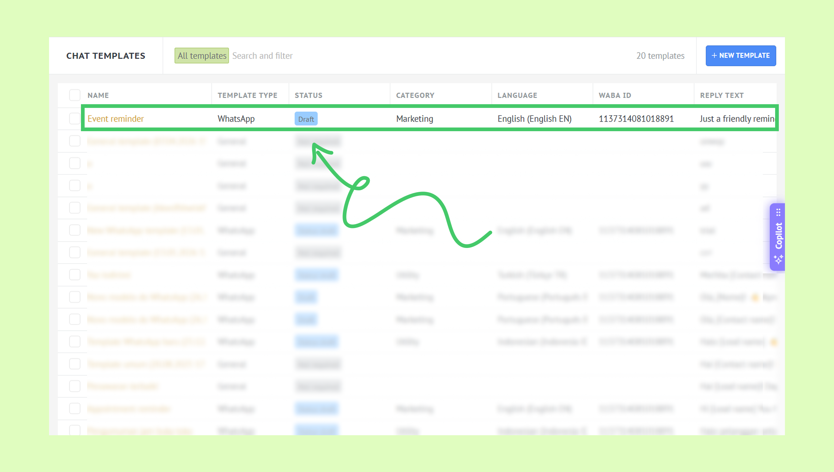 List of chat templates with an event reminder highlighted as a draft.