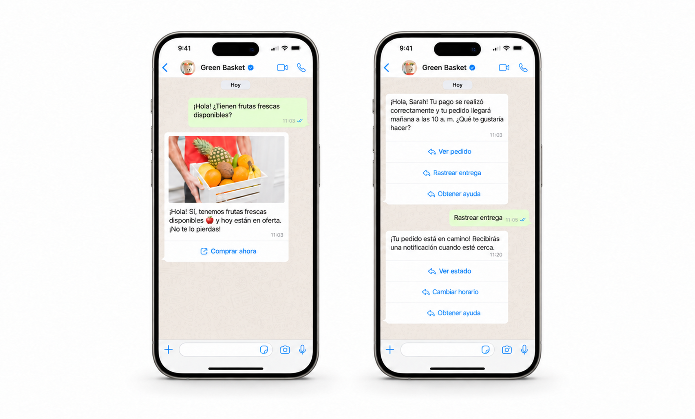 WhatsApp conversation about fresh fruits and order tracking features.