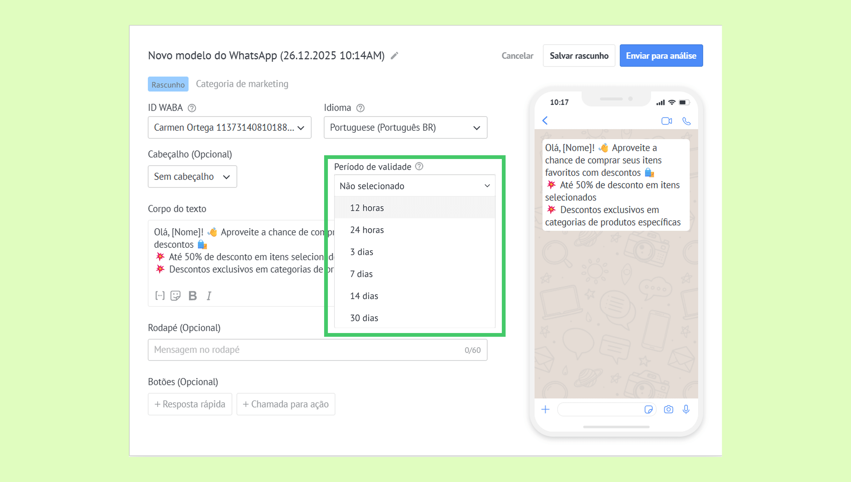 WhatsApp message template showing discount options and validity period selection.