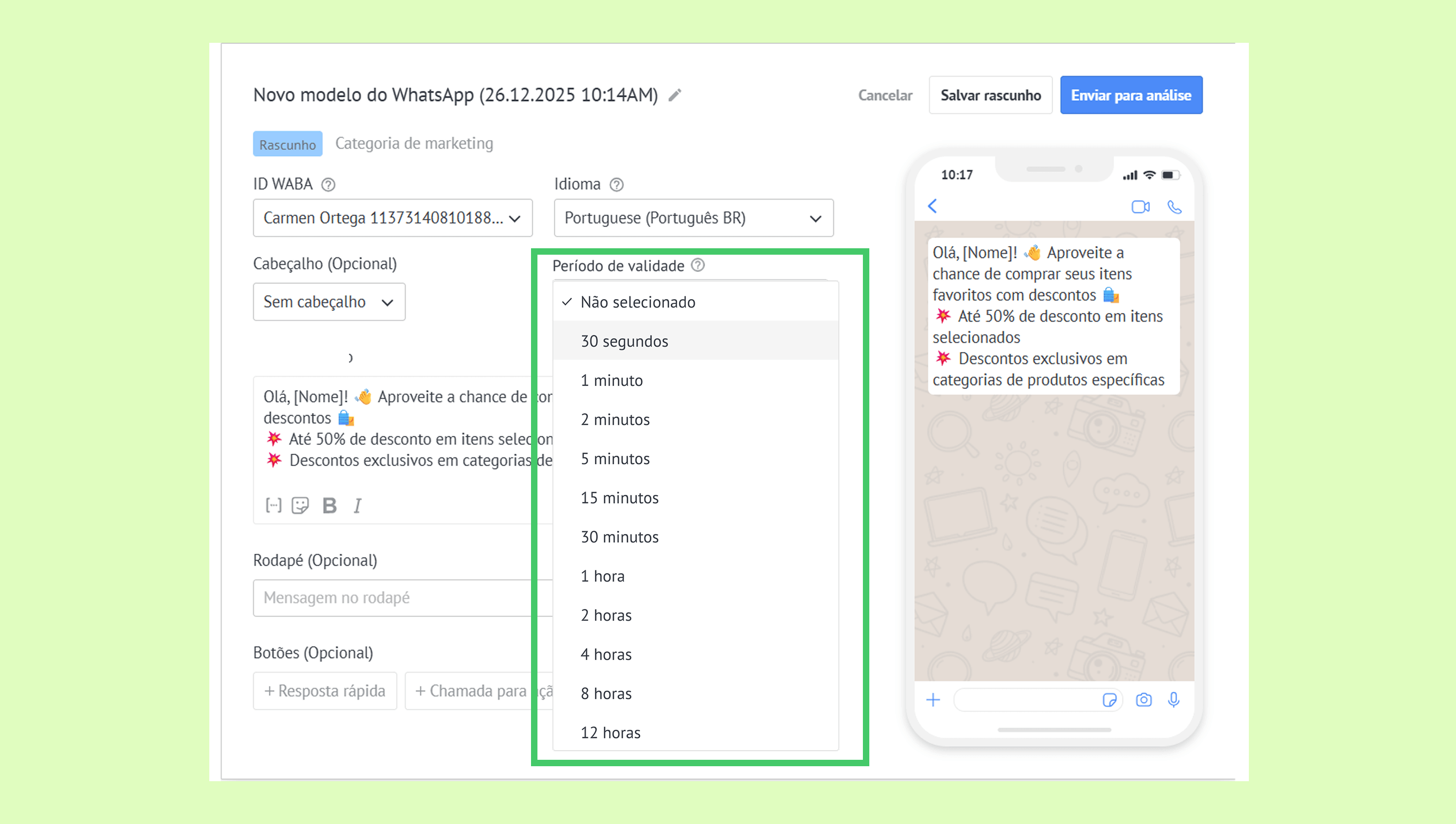 WhatsApp marketing template showing discount options and message preview for users.