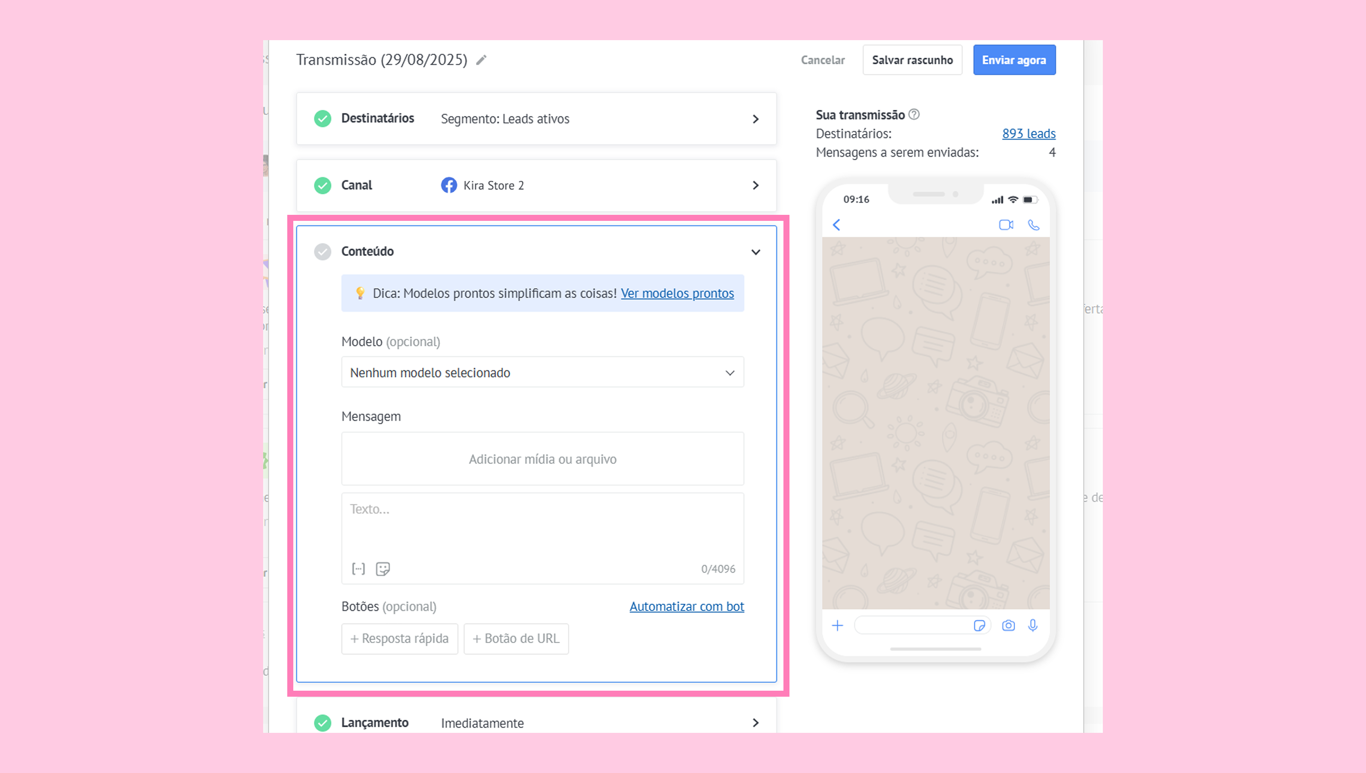Interface for sending messages with options for templates and media attachments.