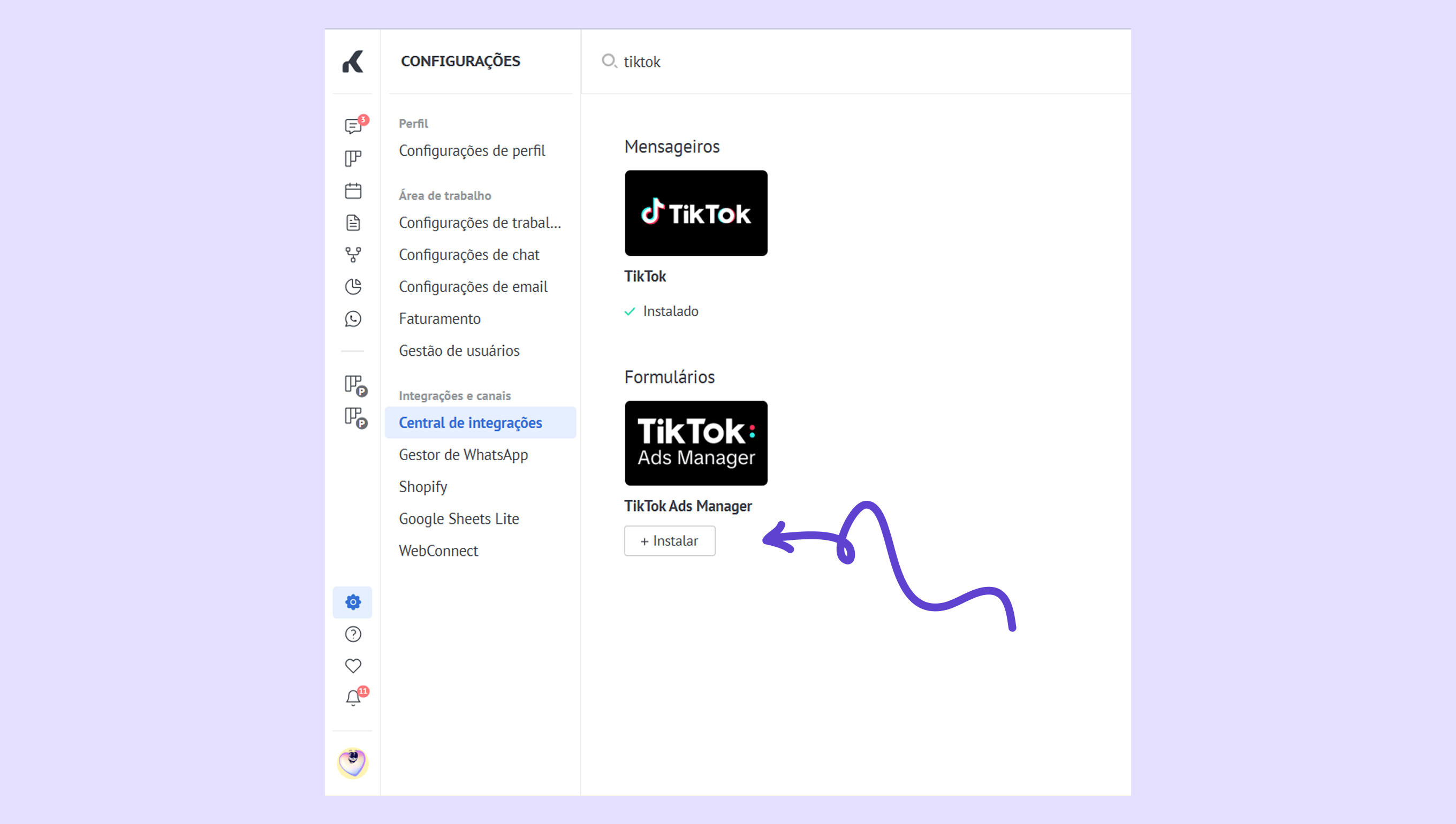 Settings page showing TikTok integration with an install button highlighted.