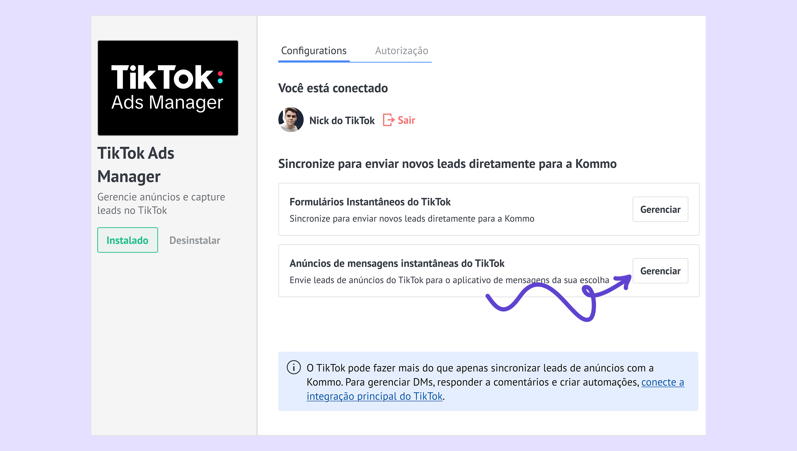 TikTok Ads Manager interface showing lead synchronization options and management buttons.