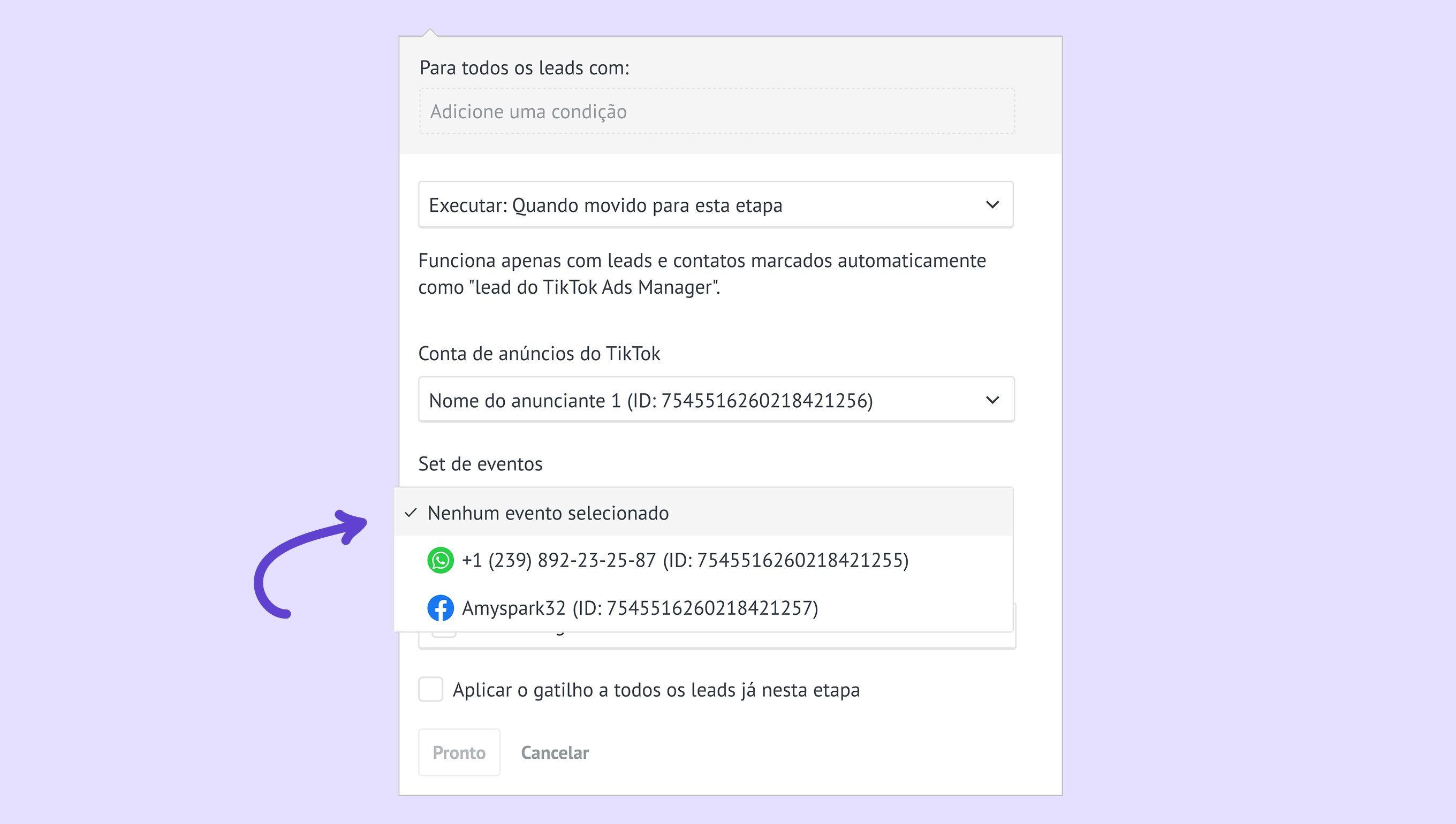 Settings for TikTok Ads Manager, highlighting event selection and contact details.