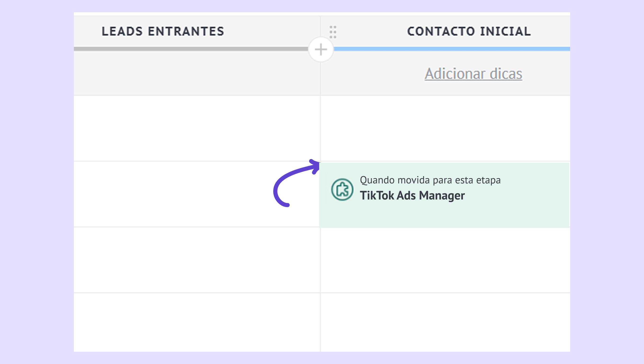 Workflow showing leads moving to TikTok Ads Manager stage with highlighted instructions.