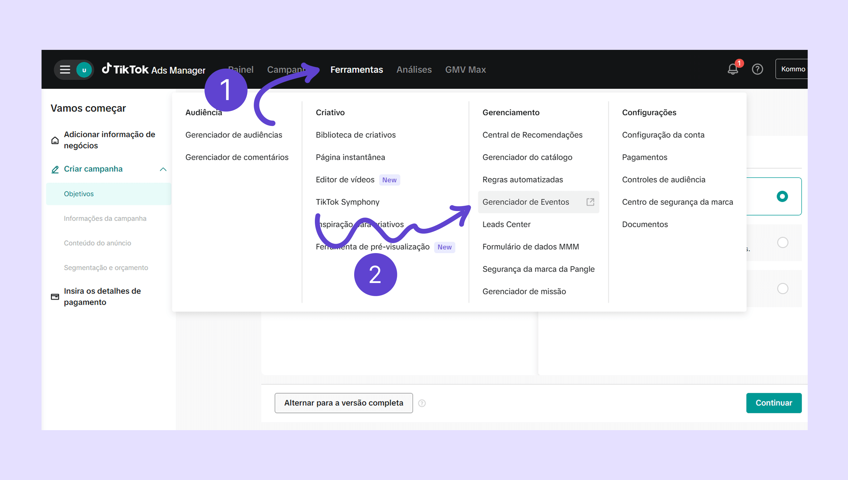 TikTok Ads Manager interface showing audience and event management options.