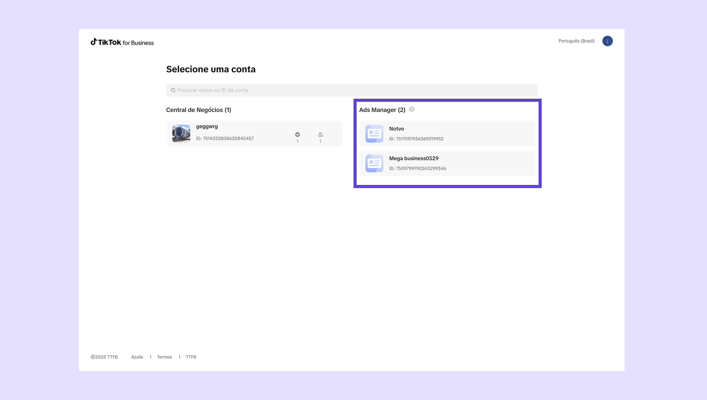 Select a TikTok Ads Manager account from the available options on the screen.