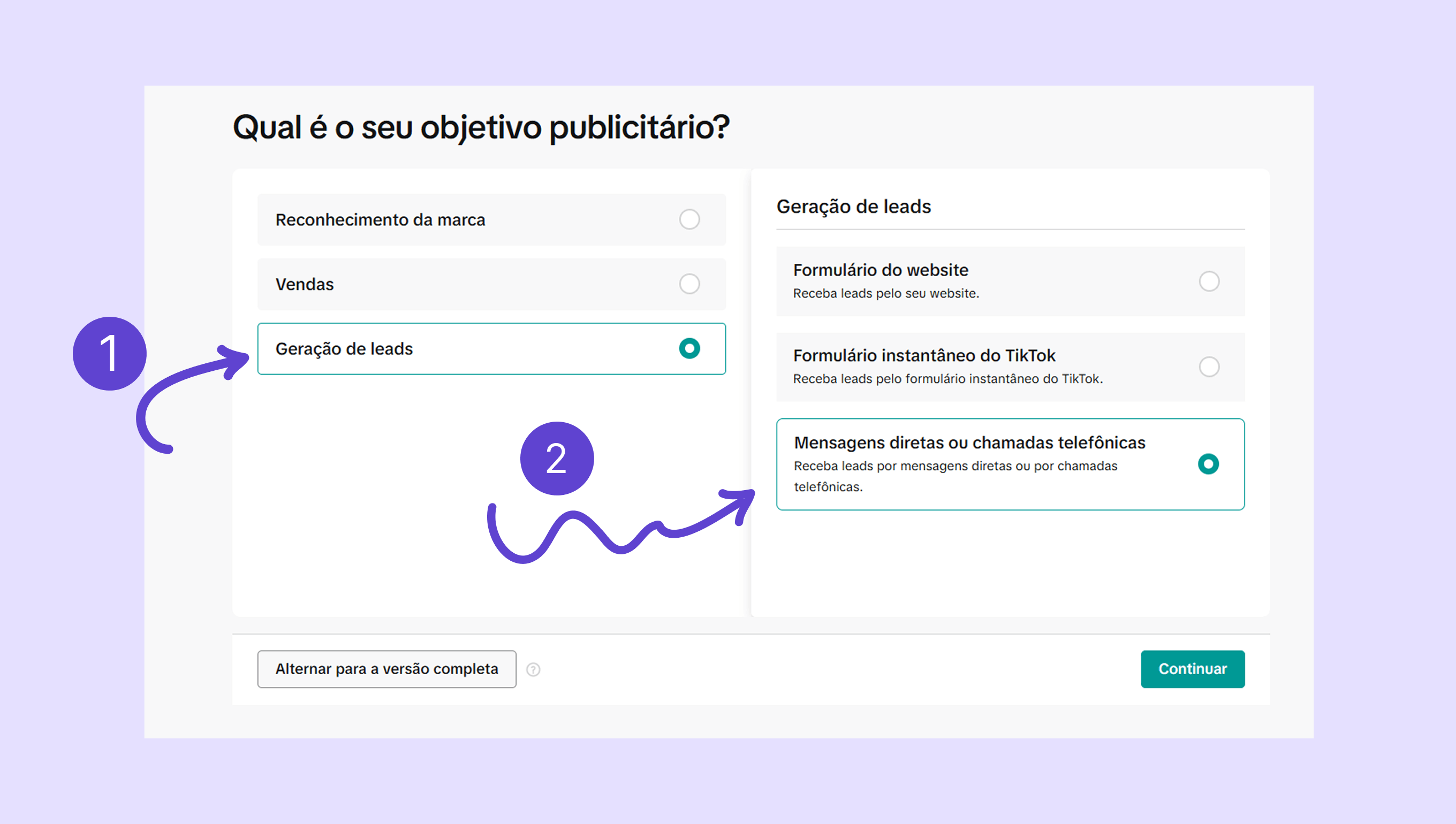 User selects lead generation option in an advertising objective form.