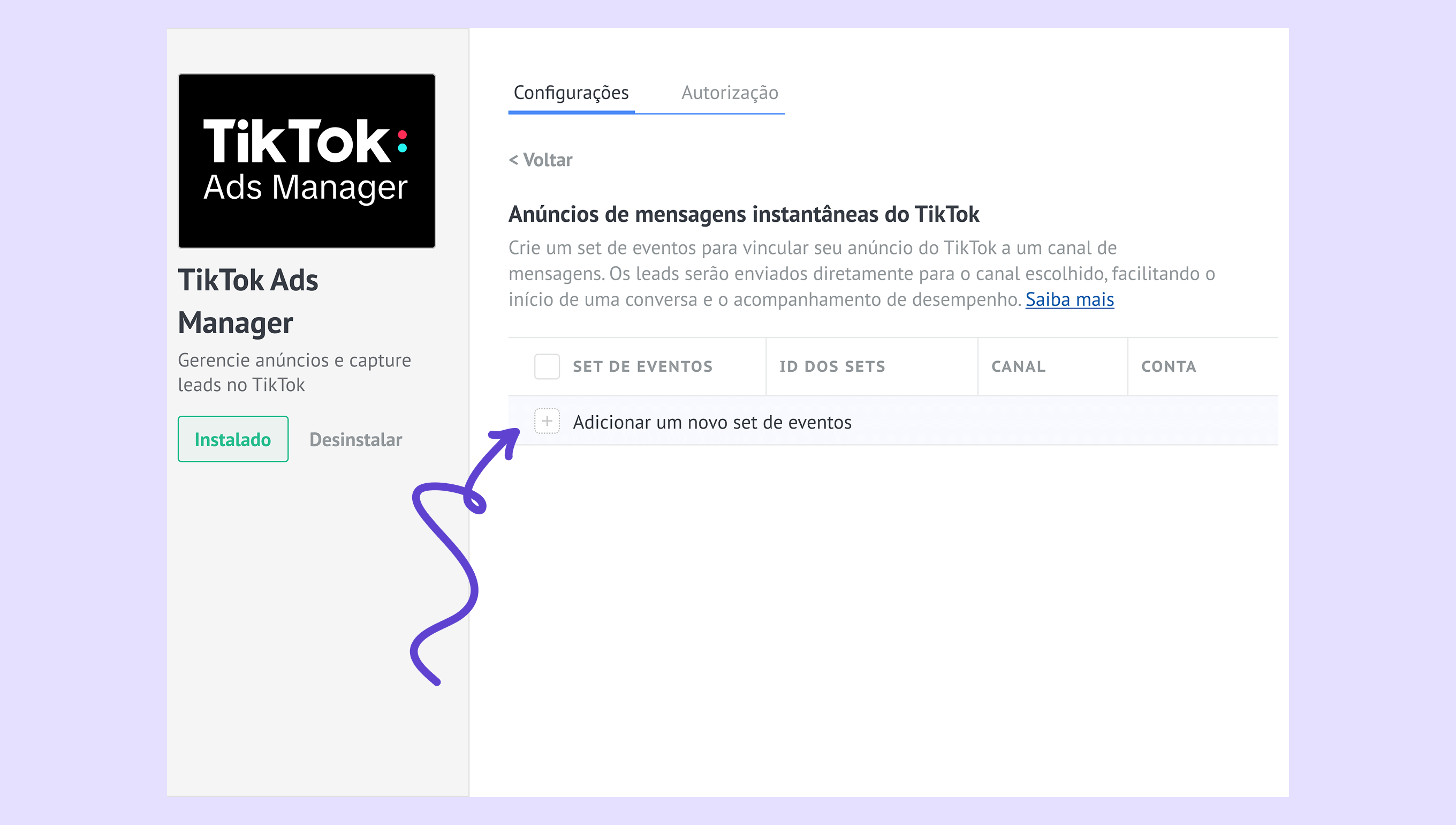 TikTok Ads Manager interface showing options to add a new event set.