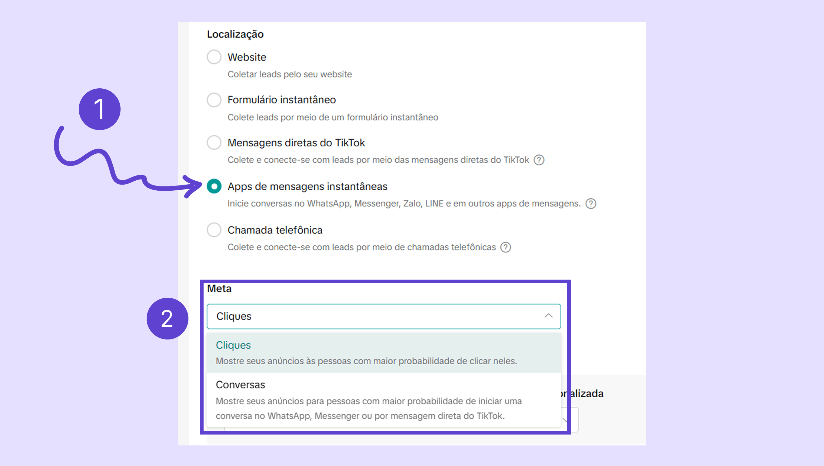 Settings menu showing options for messaging apps and click metrics for ads.