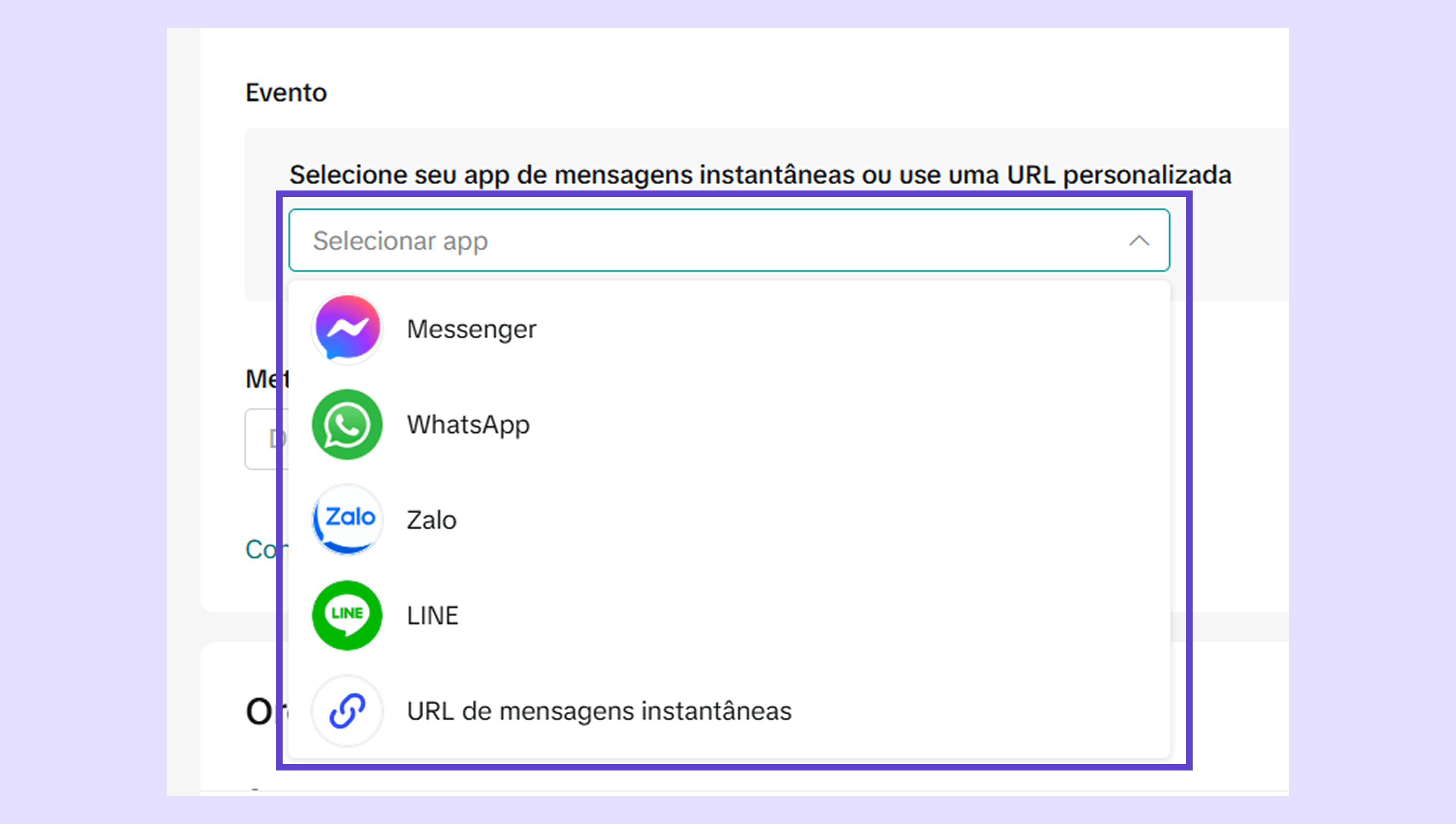Select your instant messaging app from the dropdown menu for event setup.