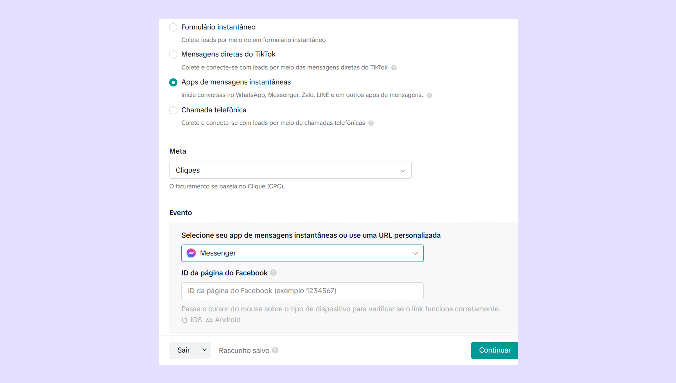 Settings for instant messaging apps including Messenger and Facebook page ID input.