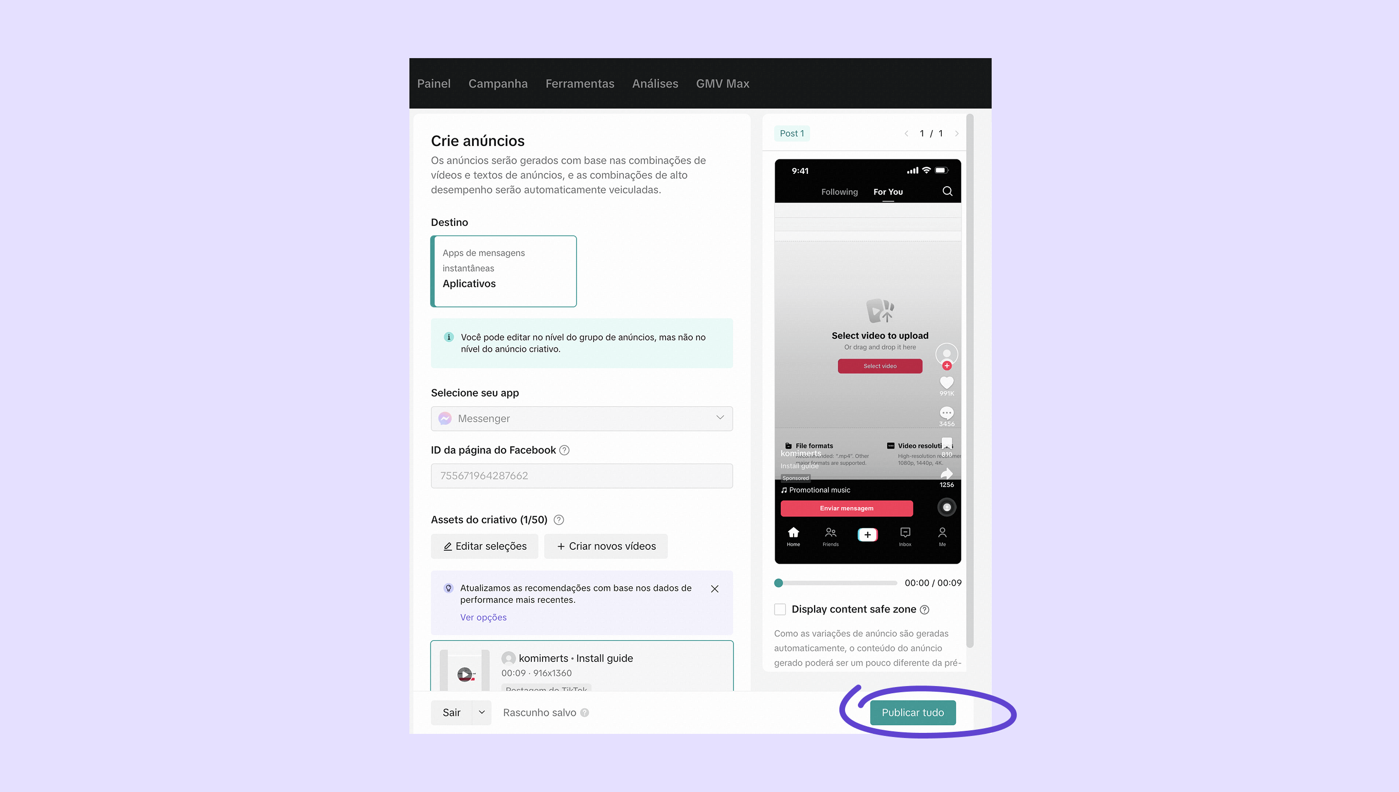 Interface for creating ads with options for selecting apps and uploading videos.