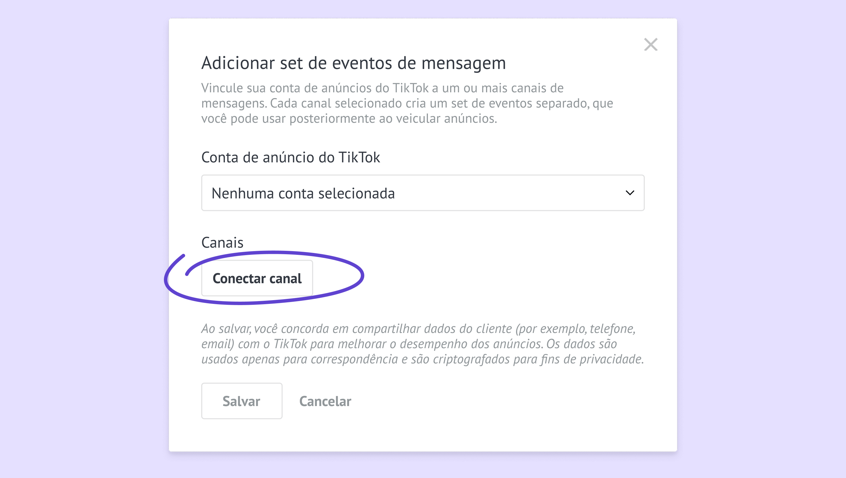 Instructions for connecting a TikTok ad account to messaging channels.