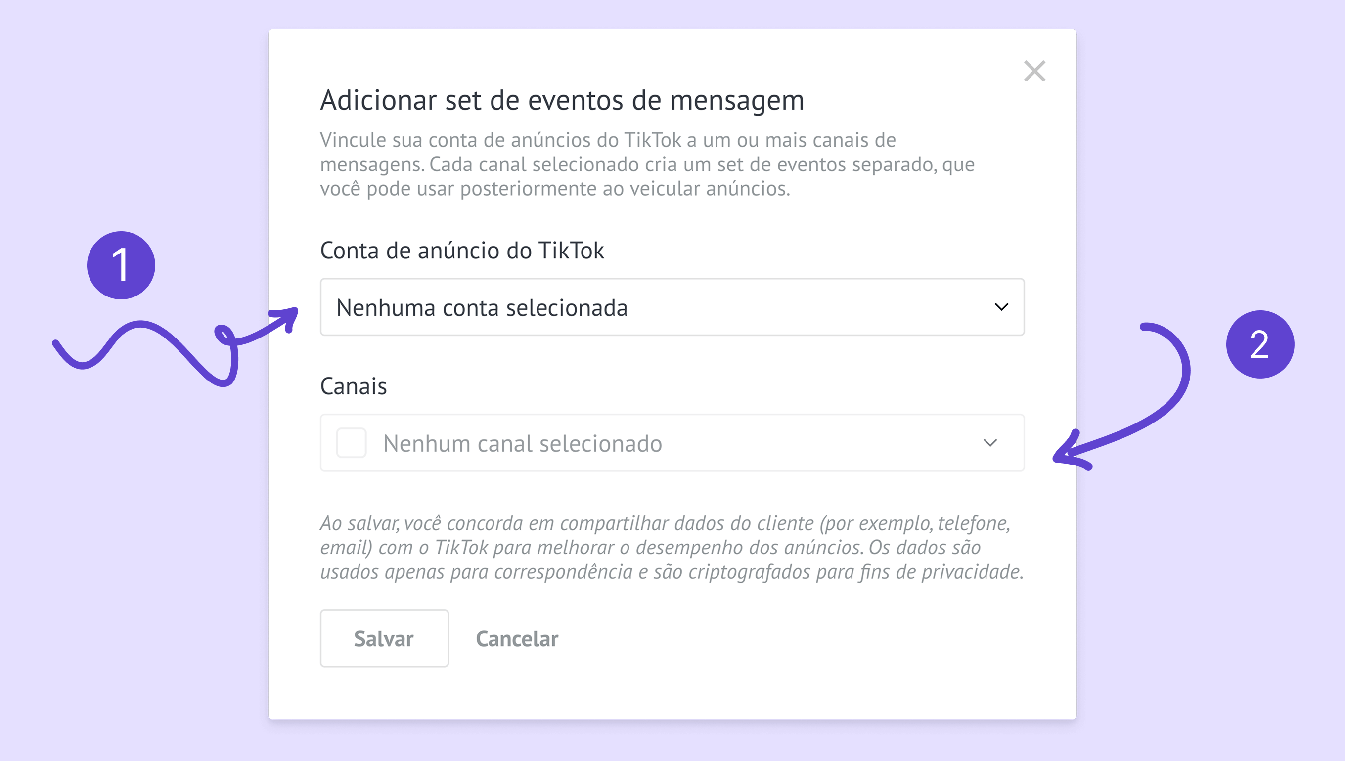 Instructions for linking a TikTok ad account to messaging channels with highlighted options.