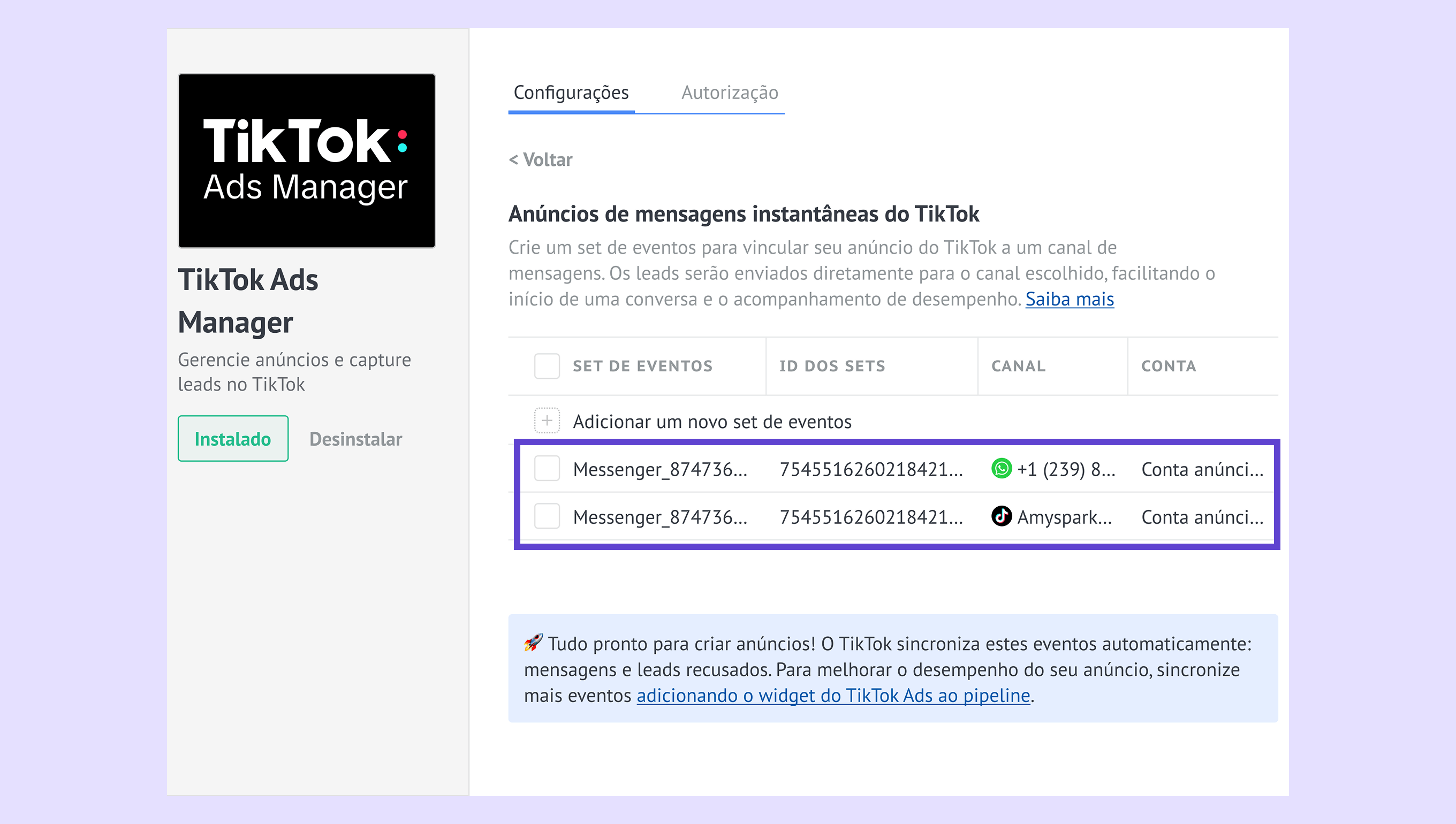 TikTok Ads Manager interface displaying event sets and account information for messaging ads.