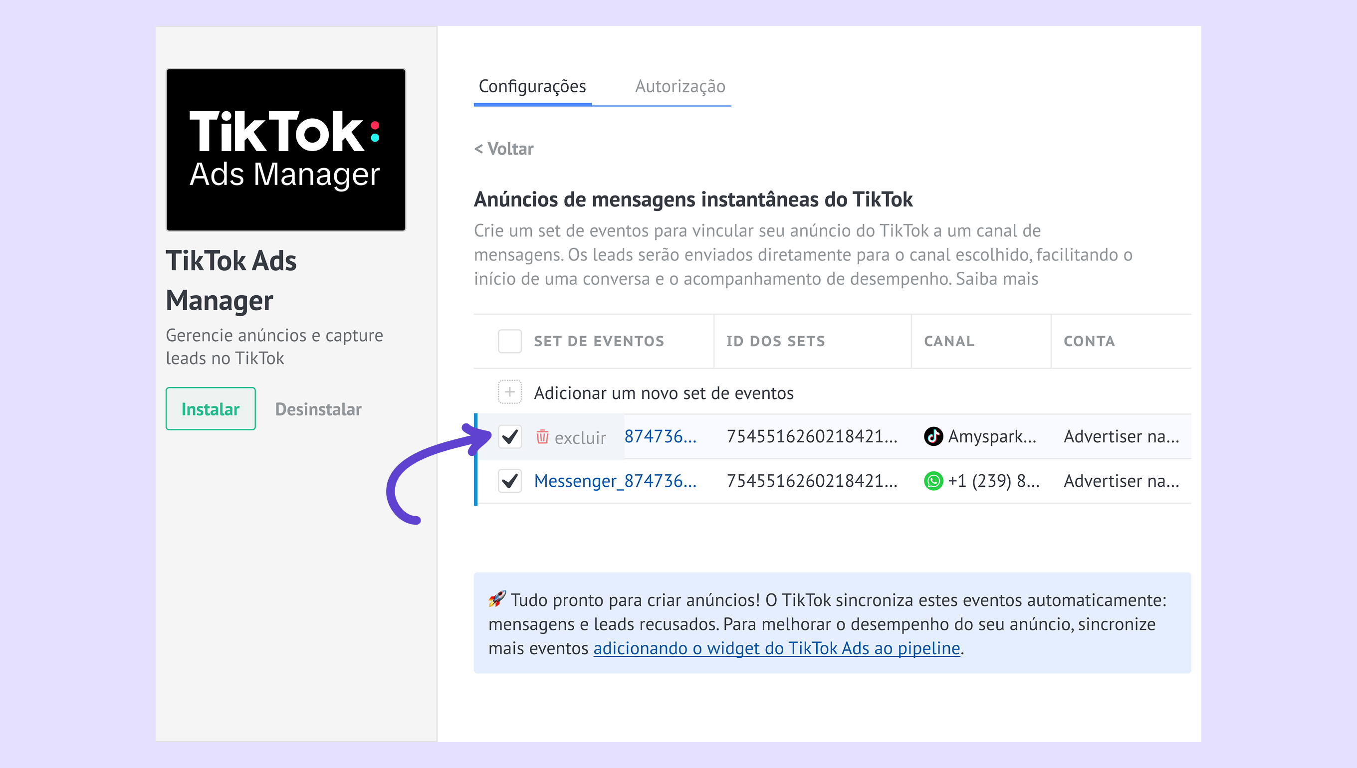 TikTok Ads Manager interface showing event management options and highlighted delete option.