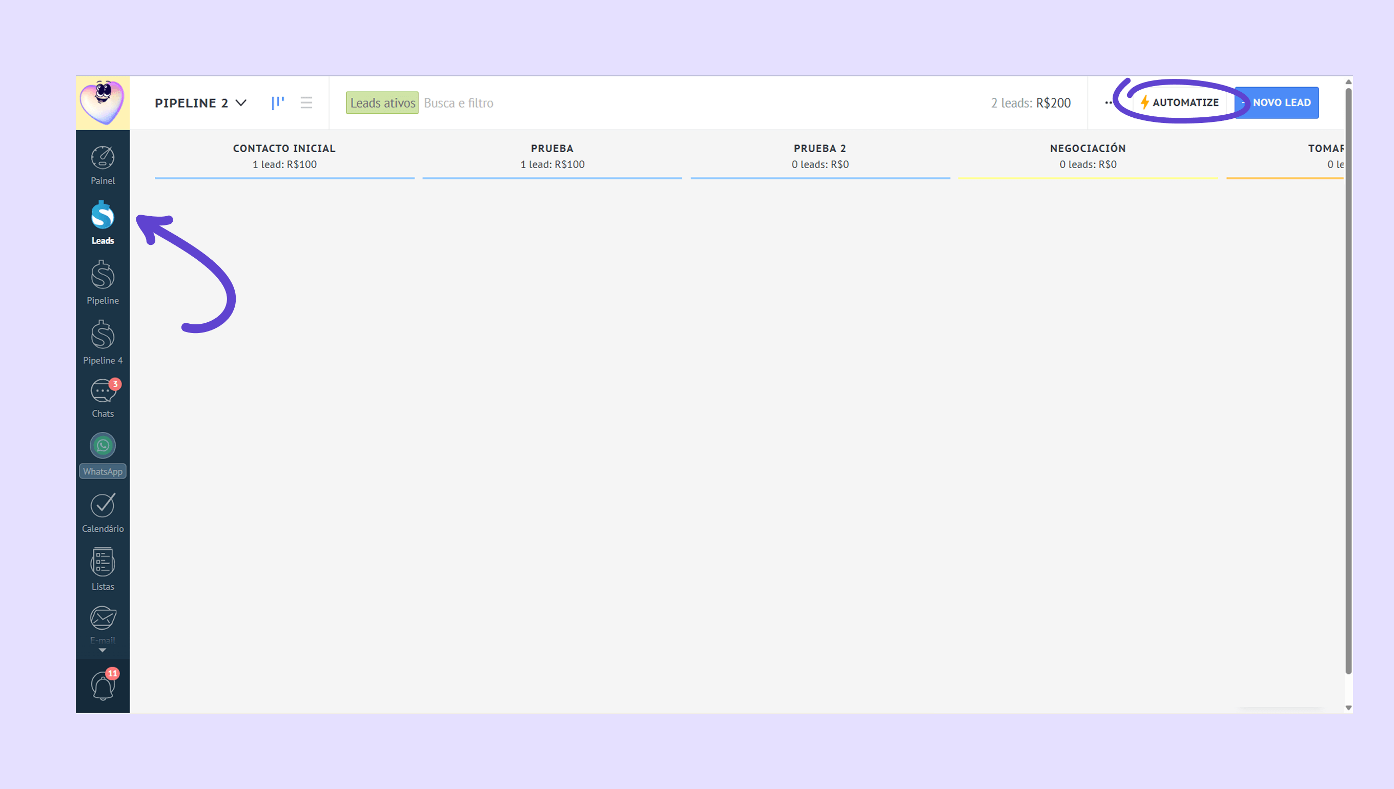 Dashboard showing leads with sections for initial contact, tests, and negotiations.