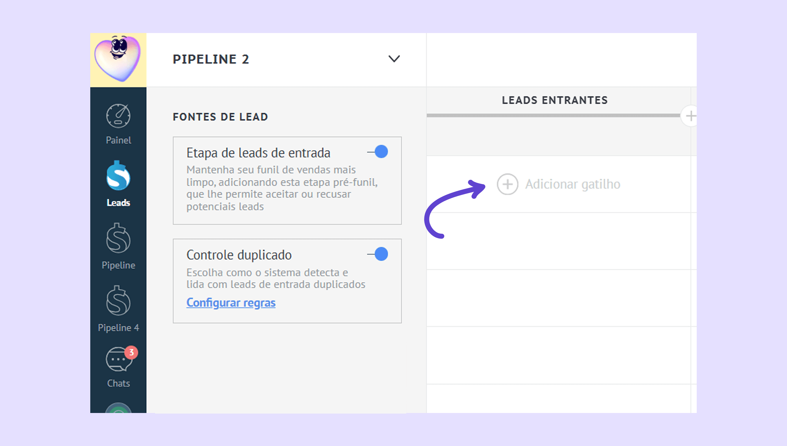 User interface showing lead management options and an add trigger button.